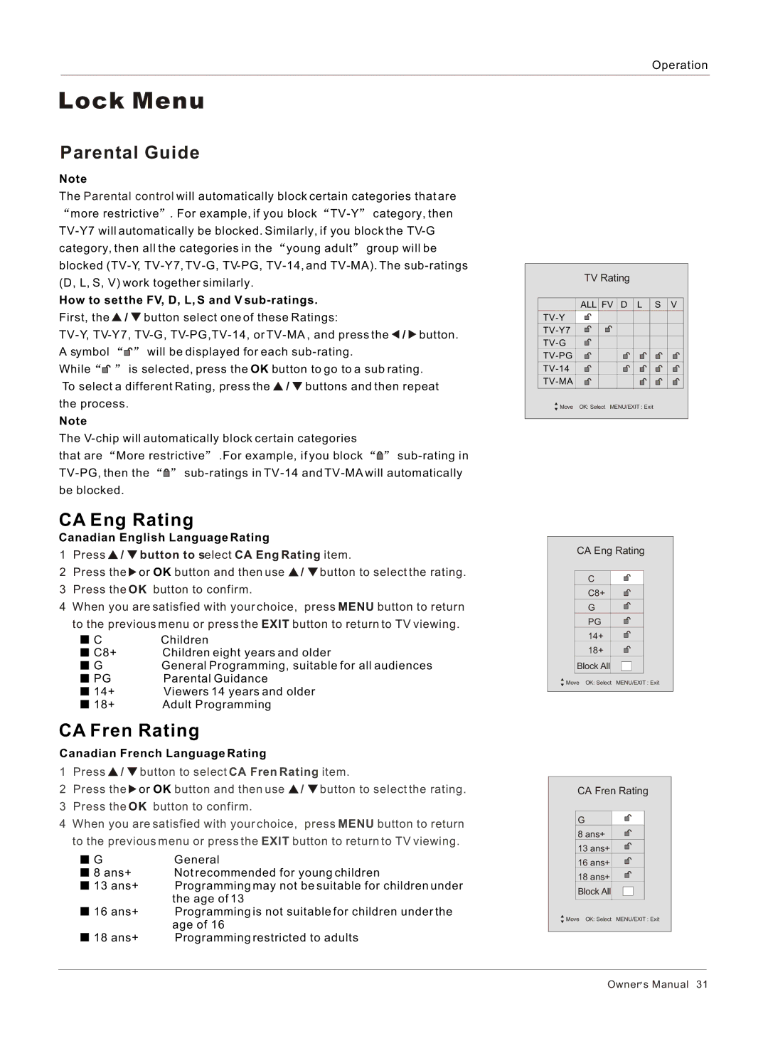 Haier HLC26 owner manual Parental Guide, CA Fren Rating, Press / button to select CA Eng Rating item 