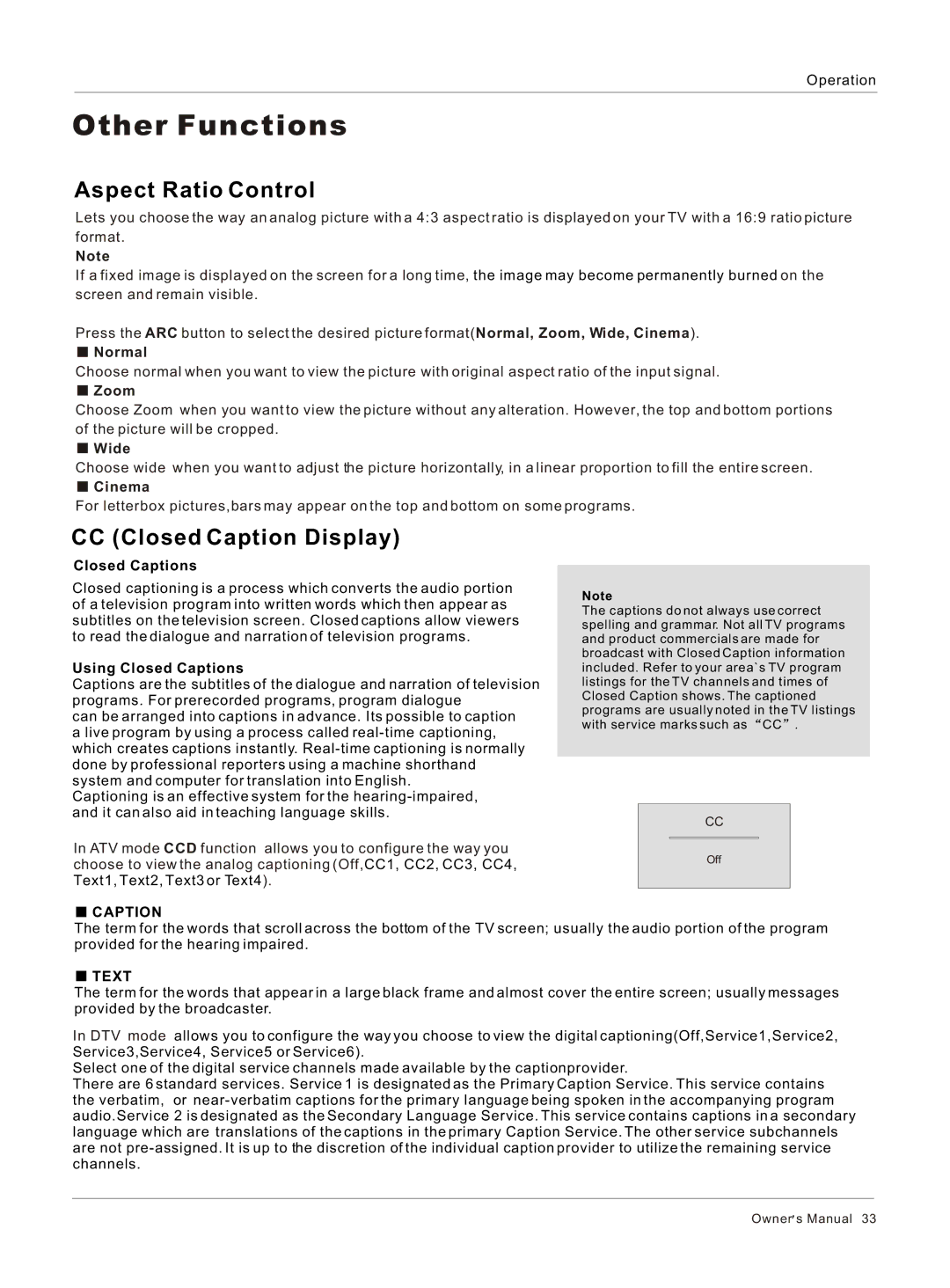 Haier HLC26 owner manual Aspect Ratio Control, CC Closed Caption Display 