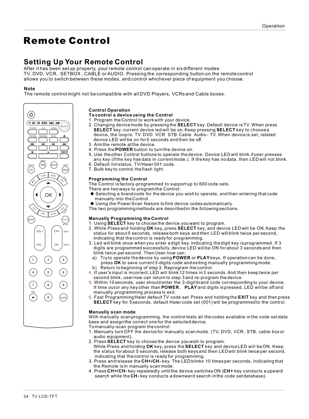 Haier HLC26 owner manual Setting Up Your Remote Control 