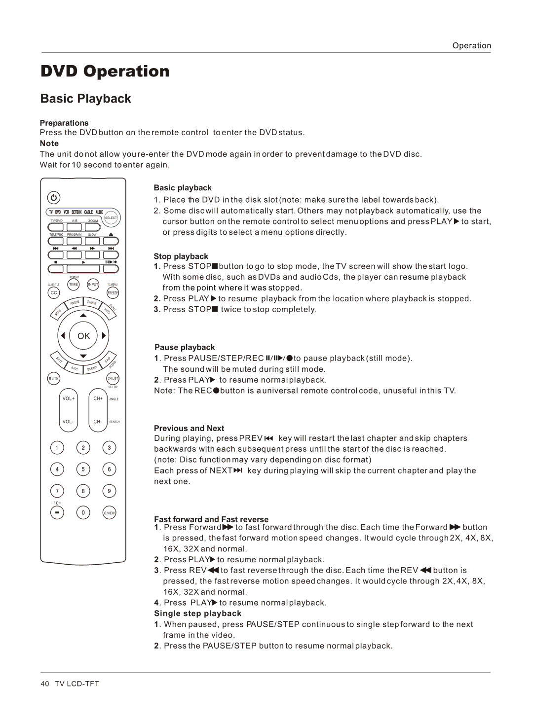 Haier HLC26 owner manual DVD Operation, Basic Playback 