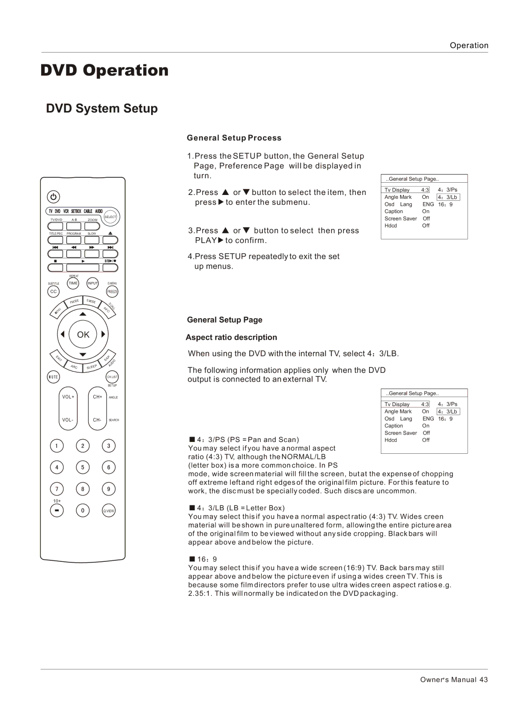 Haier HLC26 owner manual DVD System Setup, General Setup Process, General Setup Aspect ratio description 