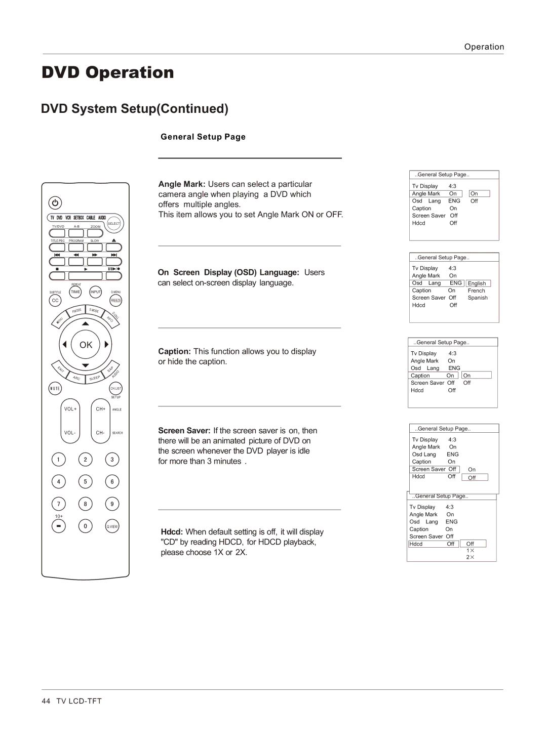 Haier HLC26 owner manual General Setup, On Screen Display OSD Language Users 