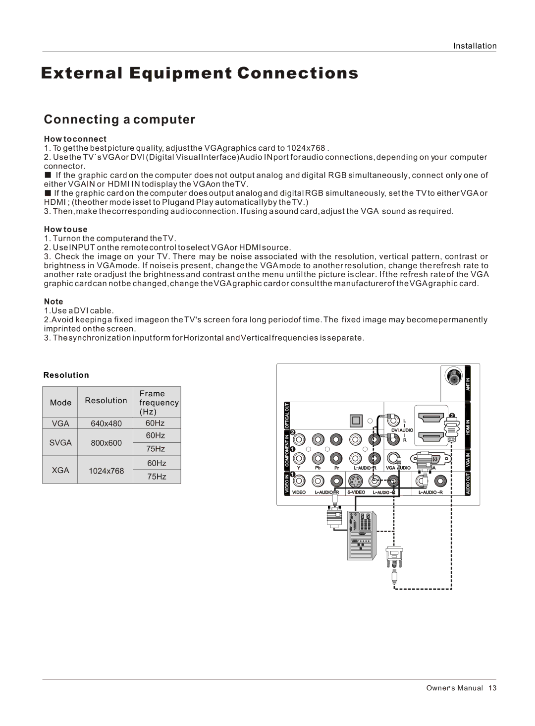 Haier HLC26R1, HLC32R1 owner manual Connecting a computer, Resolution 