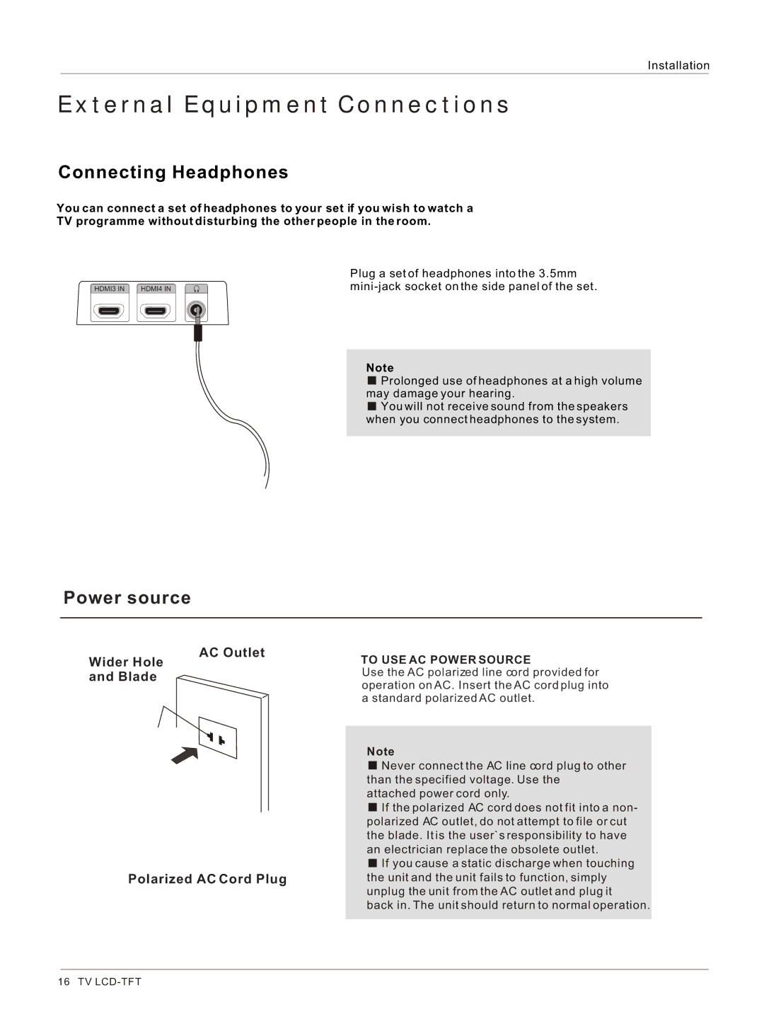 Haier HLC32R1, HLC26R1 owner manual Connecting Headphones, Power source 