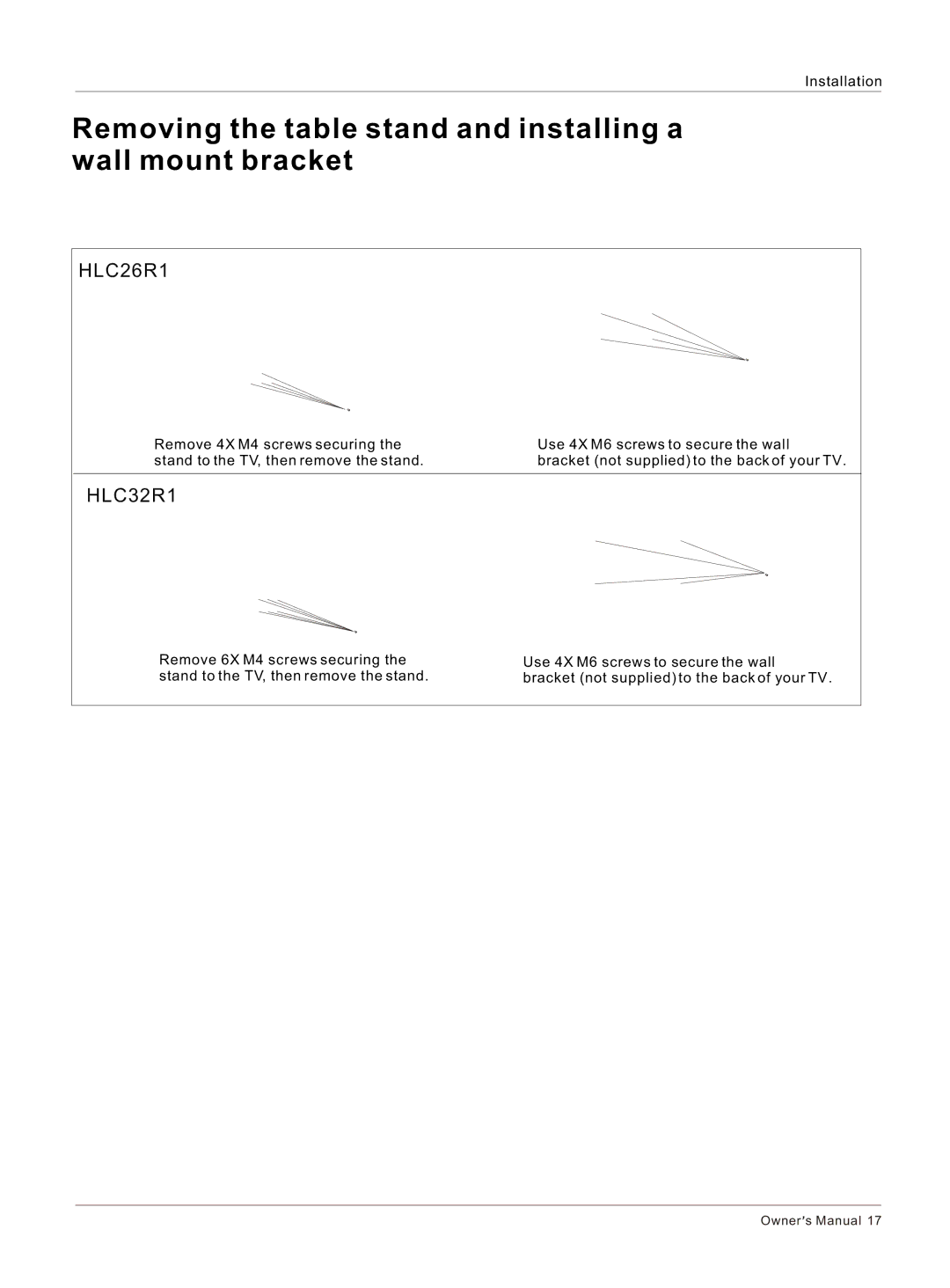 Haier HLC26R1, HLC32R1 owner manual Removing the table stand and installing a wall mount bracket 