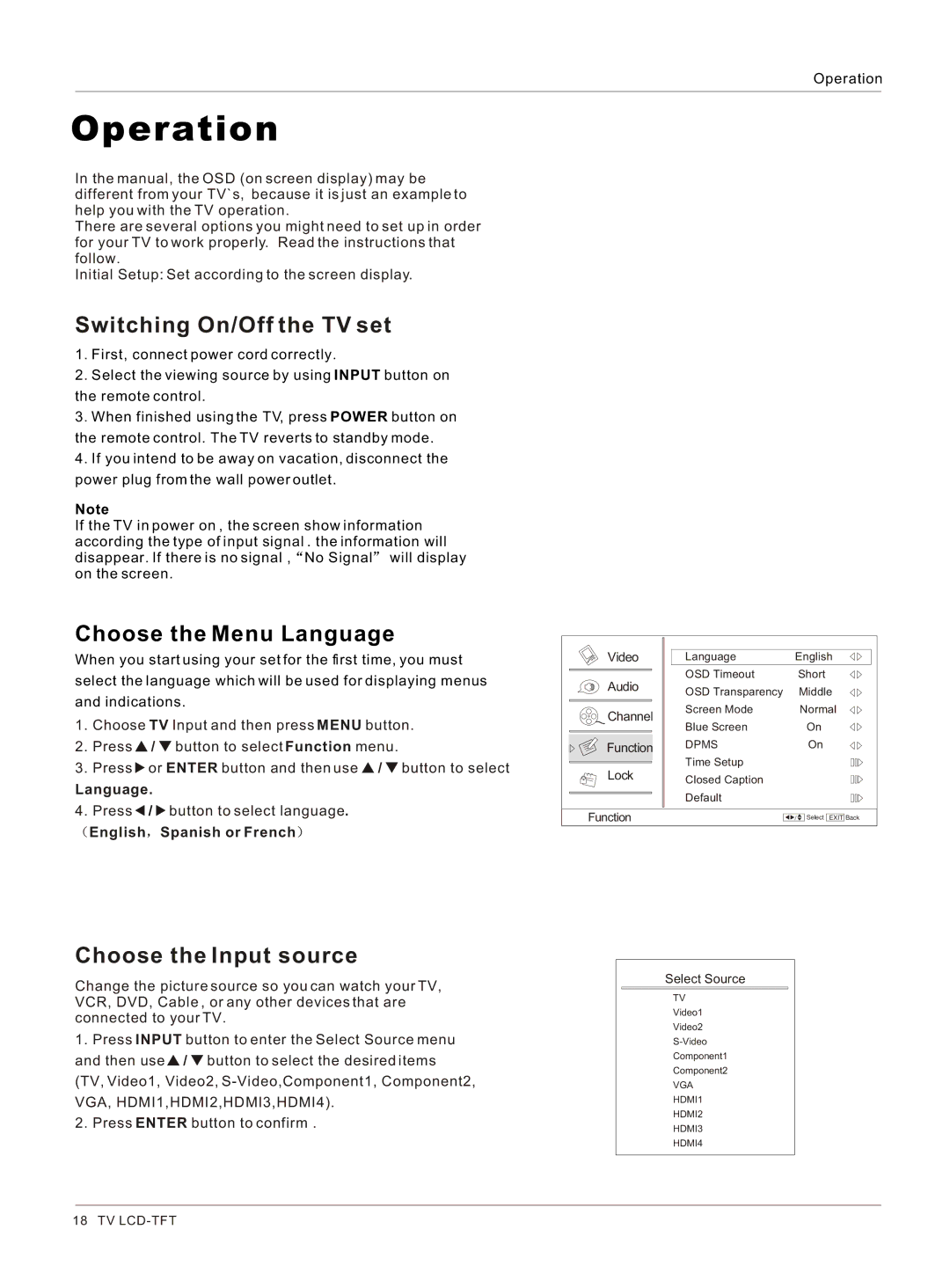 Haier HLC32R1, HLC26R1 owner manual Switching On/Off the TV set, Choose the Menu Language, Choose the Input source 