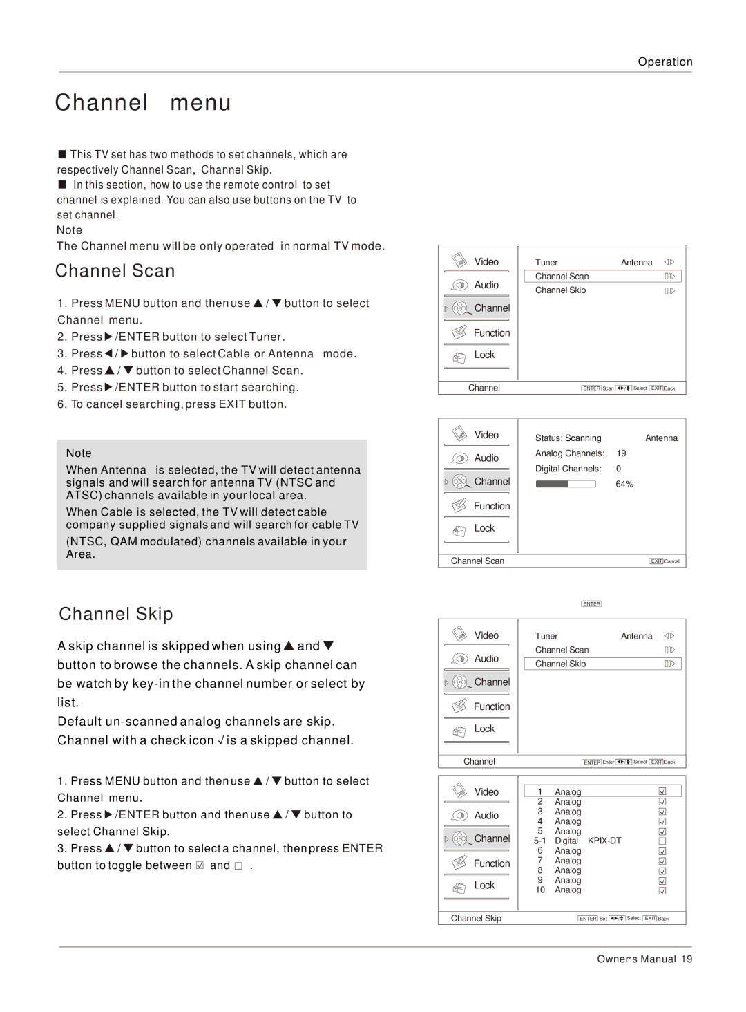 Haier HLC26R1, HLC32R1 owner manual Channel menu, Channel Scan, Channel Skip 