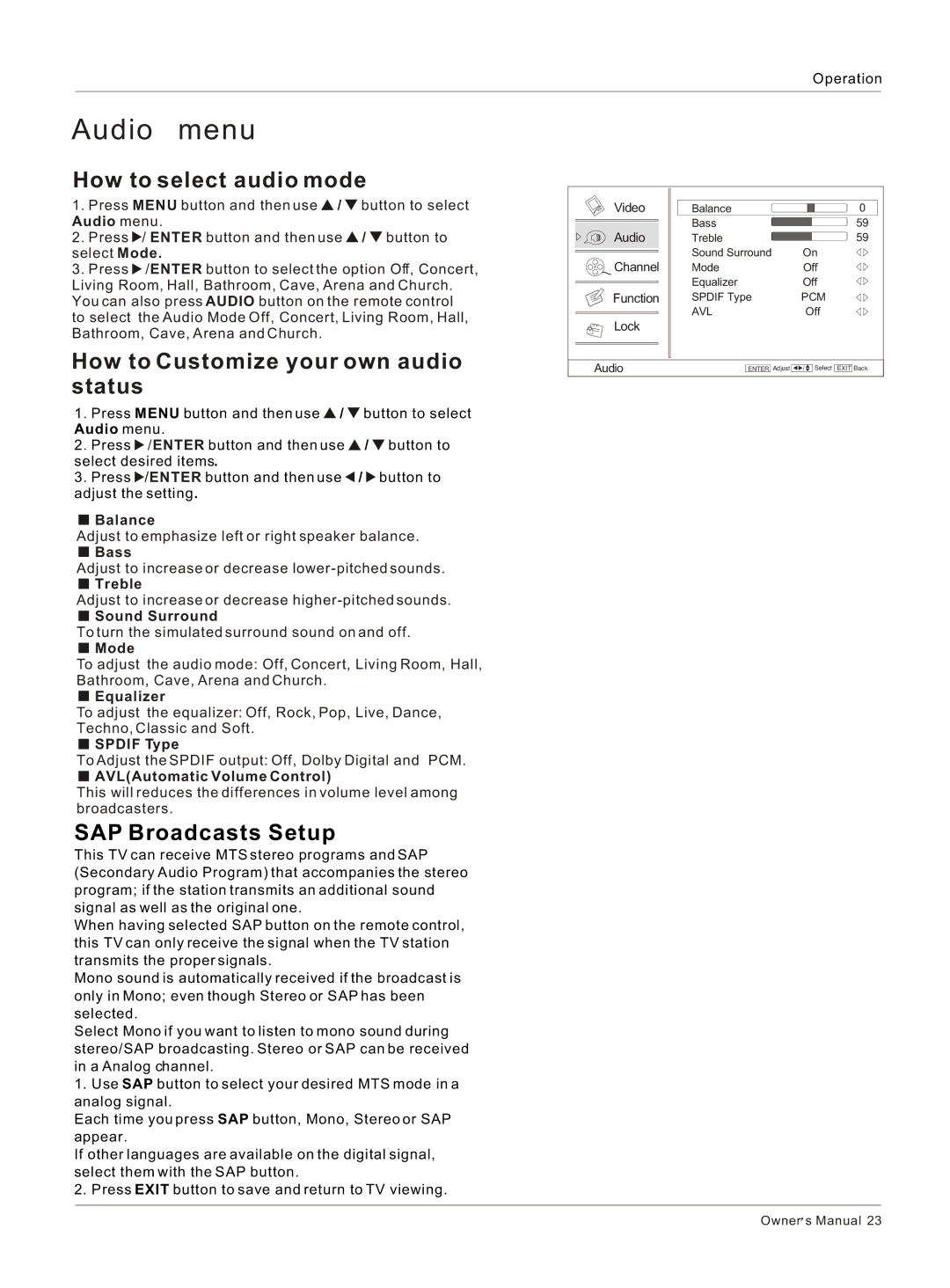 Haier HLC26R1, HLC32R1 Audio menu, How to select audio mode, How to Customize your own audio status, SAP Broadcasts Setup 