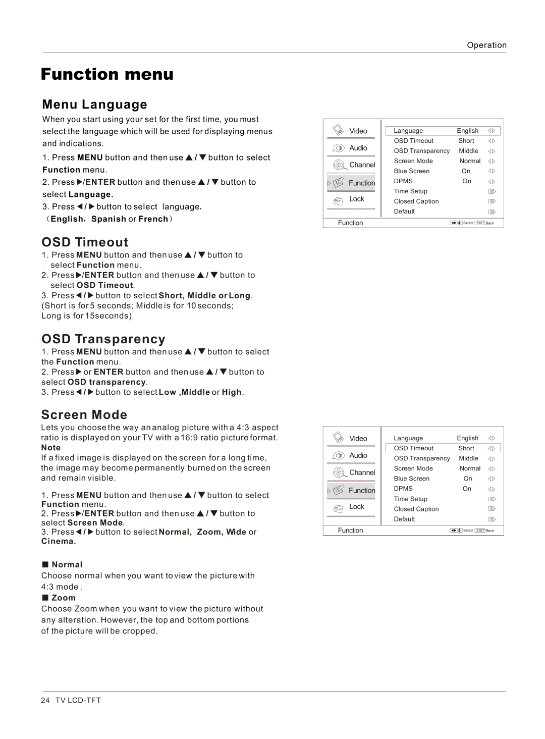 Haier HLC32R1, HLC26R1 owner manual Function menu, Menu Language, OSD Timeout, OSD Transparency, Screen Mode 