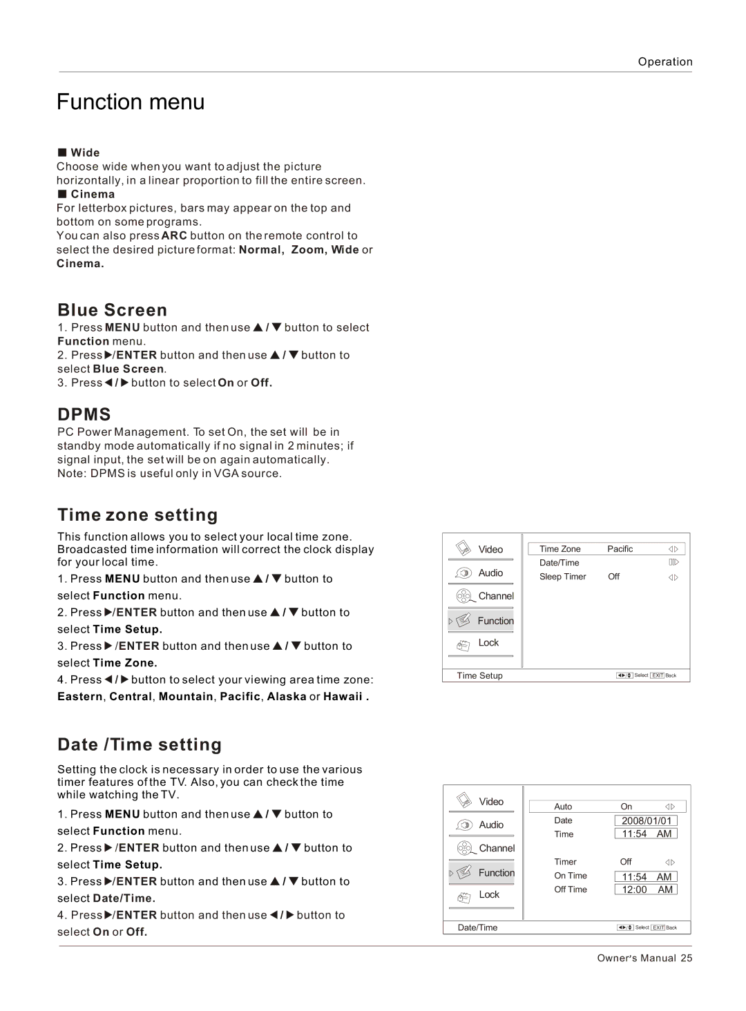 Haier HLC26R1, HLC32R1 owner manual Blue Screen, Time zone setting, Date /Time setting 