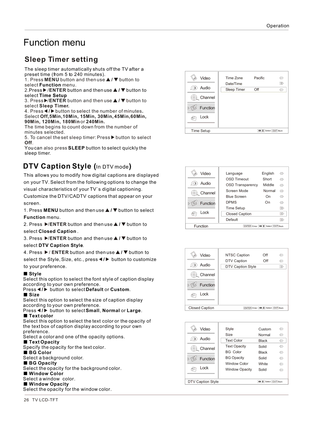 Haier HLC32R1, HLC26R1 owner manual Sleep Timer setting, DTV Caption Style In DTV mode 