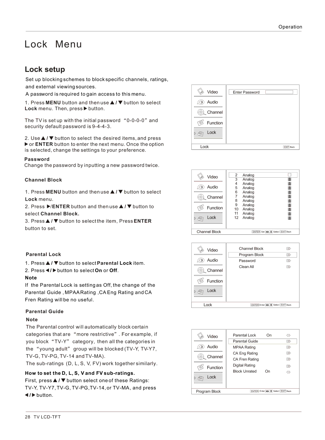 Haier HLC32R1, HLC26R1 Lock setup, Password, Channel Block, Parental Lock, How to set the D, L, S, V and FV sub-ratings 