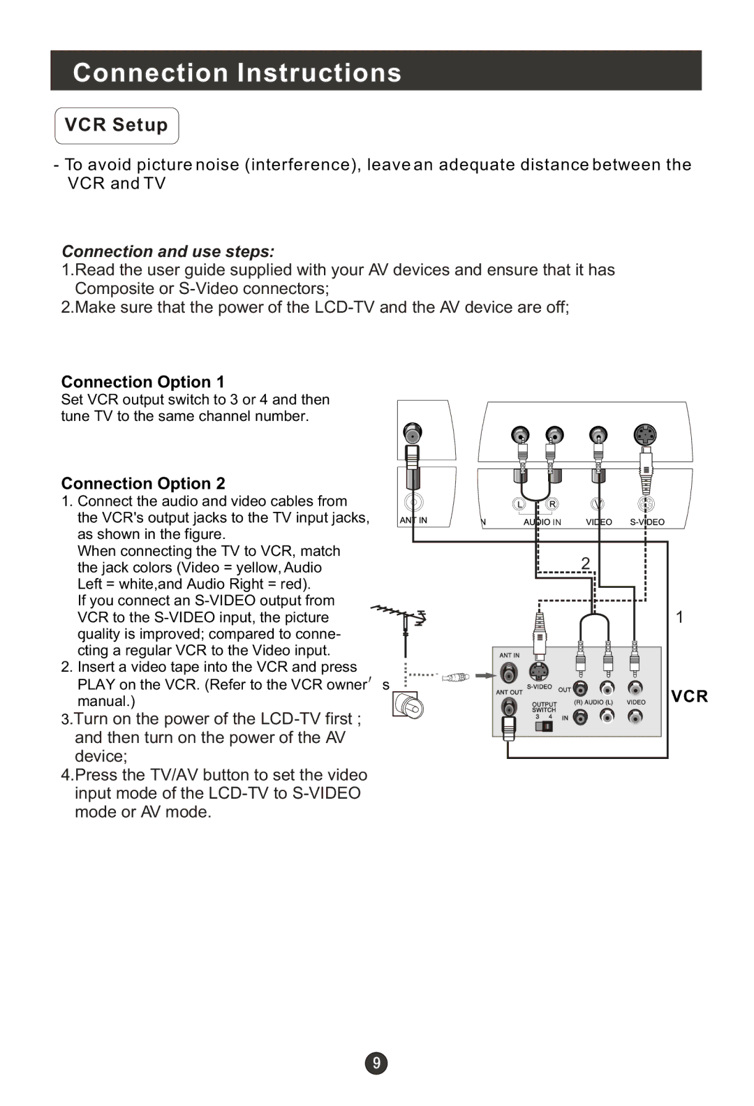 Haier HLH19BB, HLE20BB, 20AL25S, 15HL25S user manual VCR Setup, Connection and use steps 