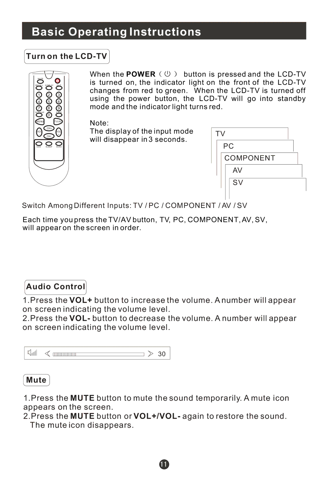 Haier 15HL25S, HLE20BB, HLH19BB, 20AL25S user manual Basic Operating Instructions, Turn on the LCD-TV, Audio Control, Mute 