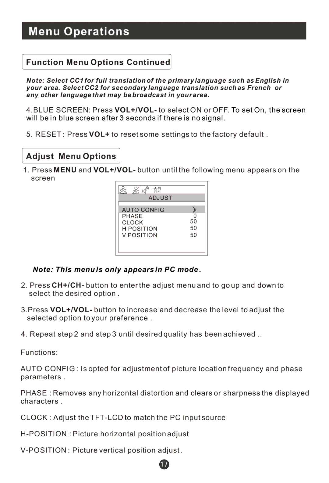 Haier HLH19BB, HLE20BB, 20AL25S, 15HL25S user manual Adjust Menu Options 