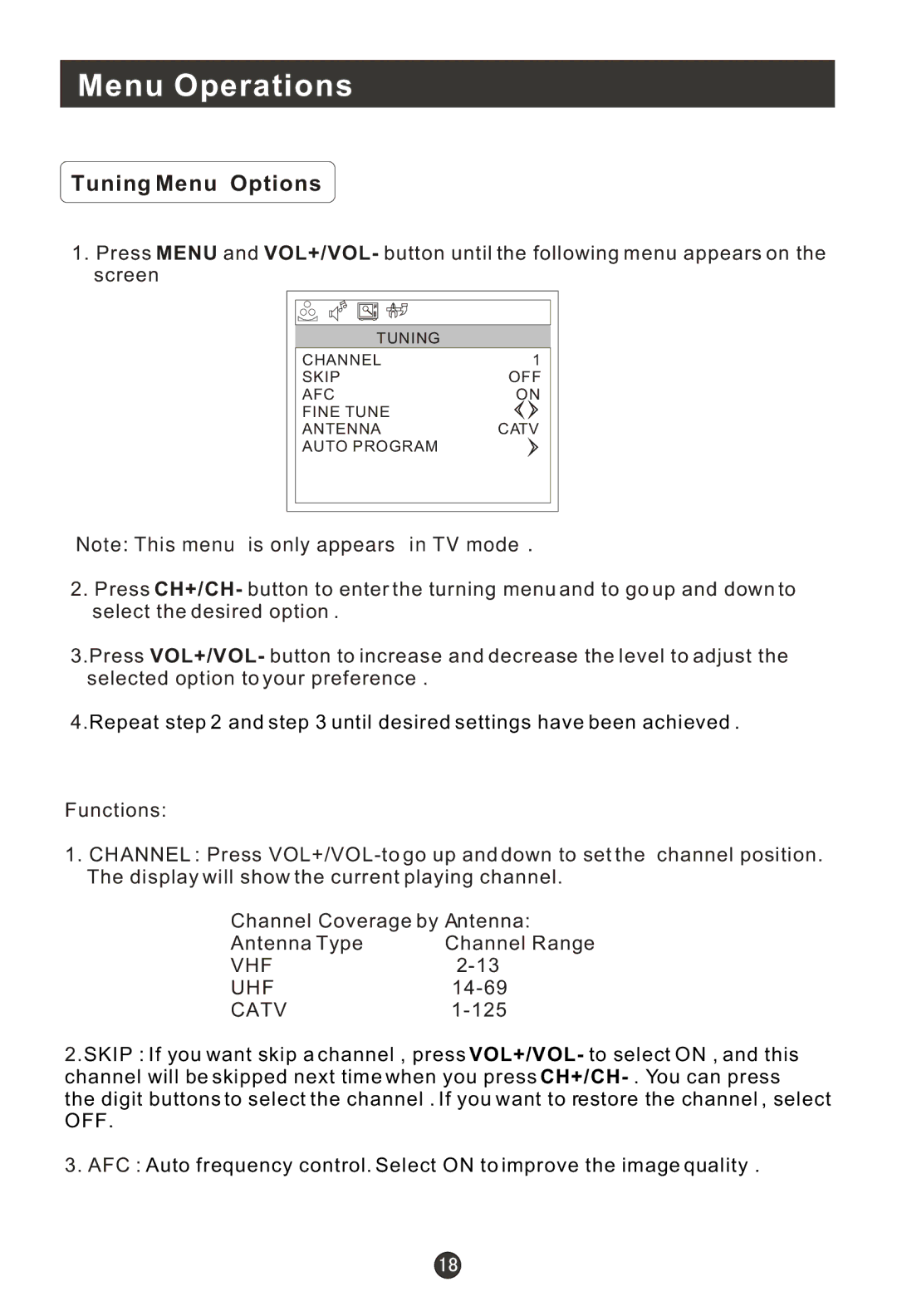 Haier 20AL25S, HLE20BB, HLH19BB, 15HL25S user manual Tuning Menu Options, Catv 