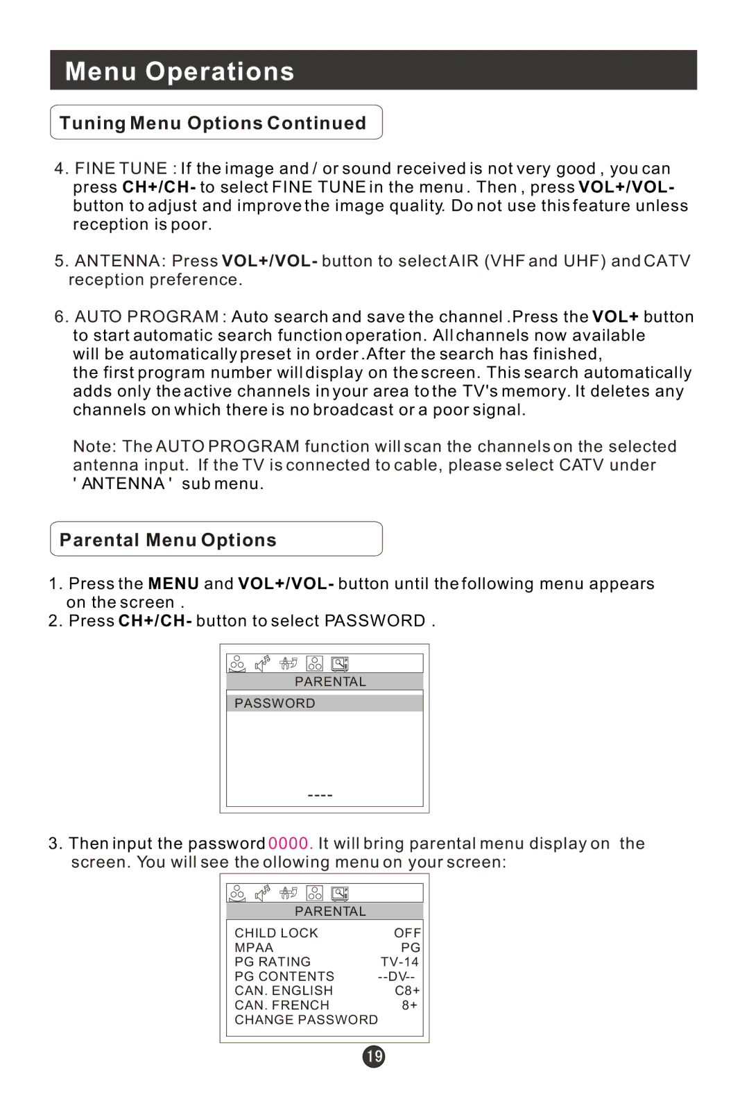 Haier 15HL25S, HLE20BB, HLH19BB, 20AL25S user manual Parental Menu Options 