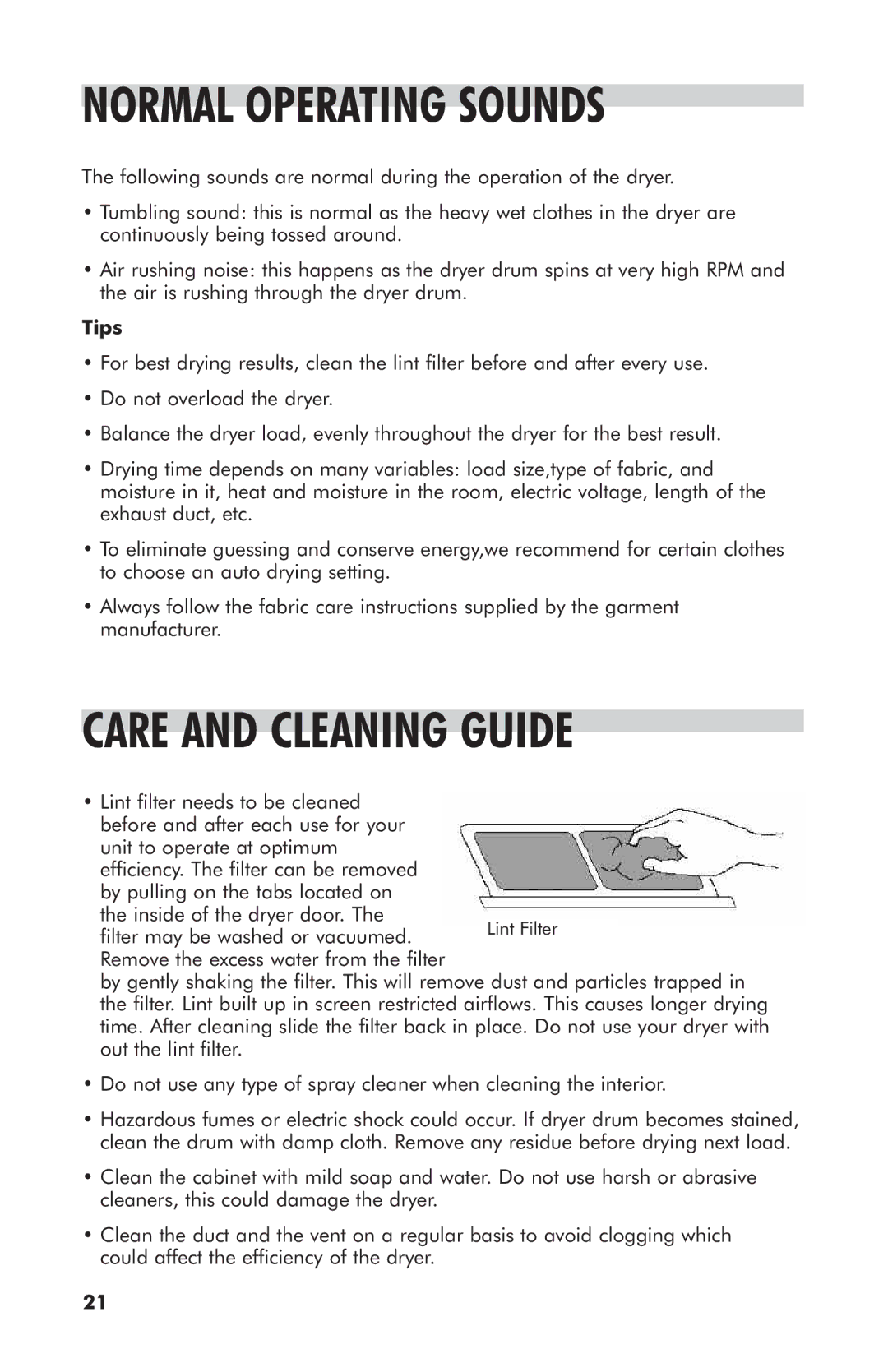 Haier CGDE700AW, HLF103Q/R, CHLF103Q user manual Normal Operating Sounds, Care and Cleaning Guide 