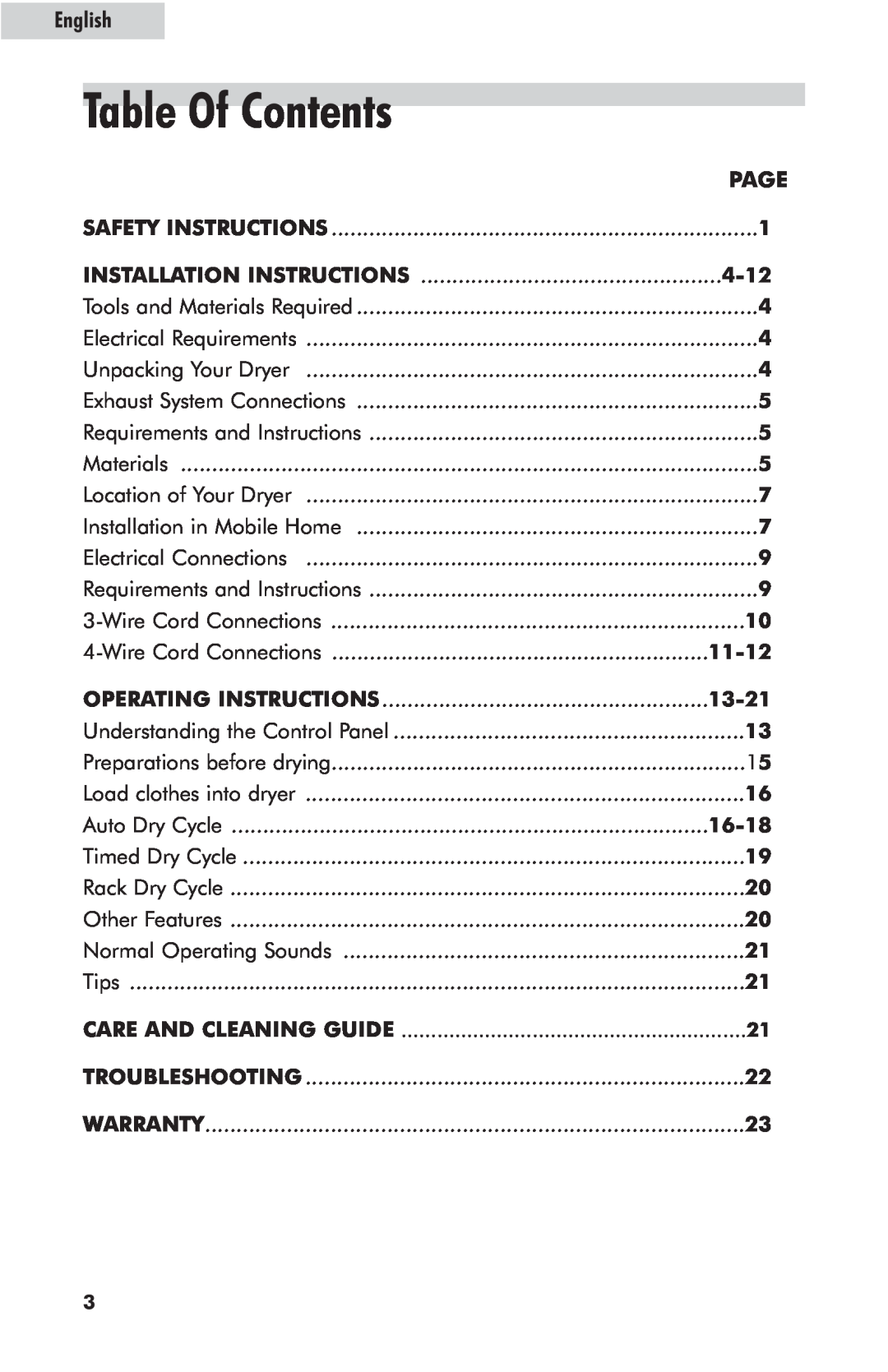 Haier HLF103Q/R, CGDE700AW, CHLF103Q user manual Table Of Contents, Page, 4-12, 11-12, 13-21, 16-18, English 
