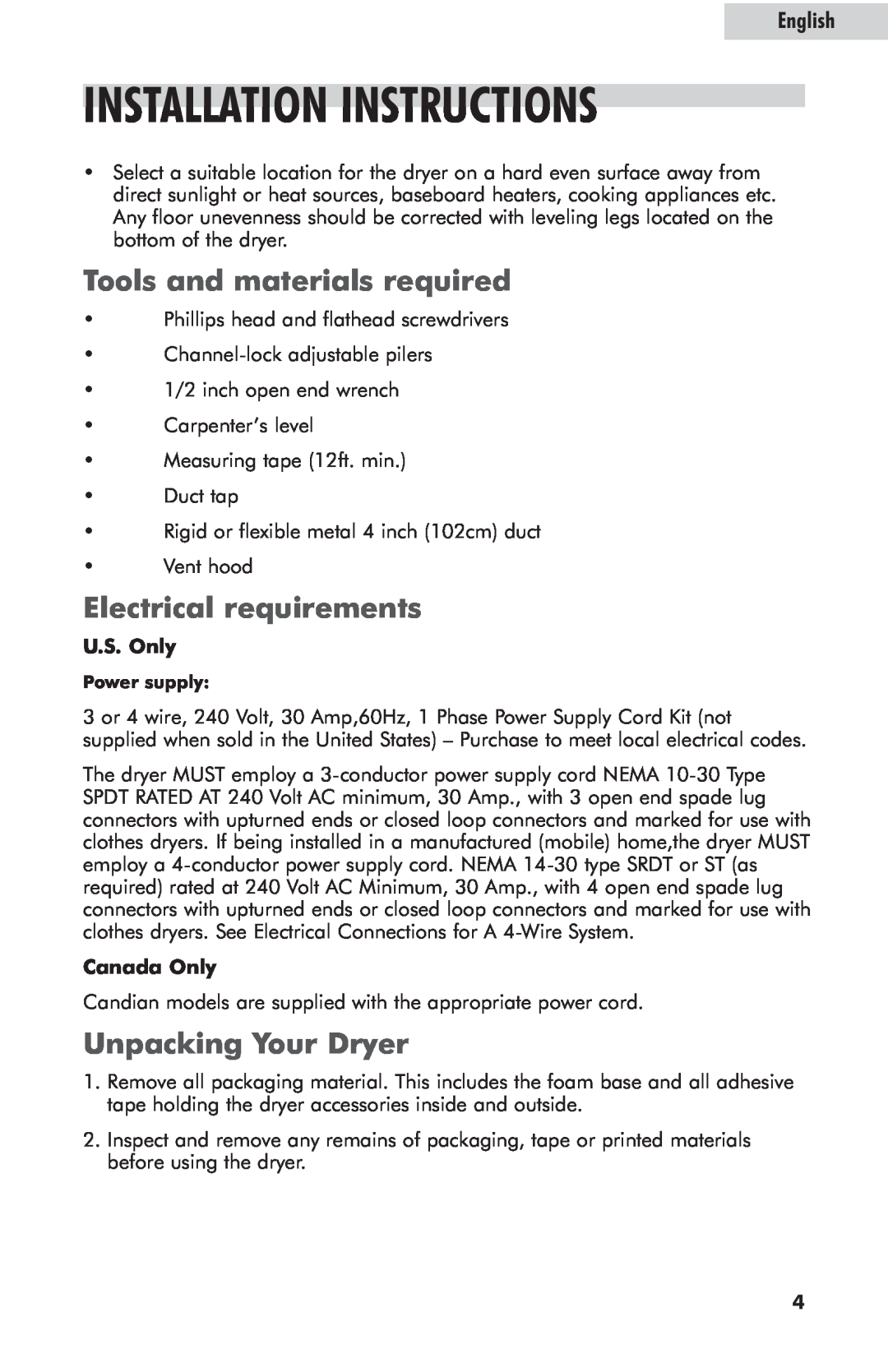 Haier GDE700AW Installation Instructions, Tools and materials required, Electrical requirements, Unpacking Your Dryer 