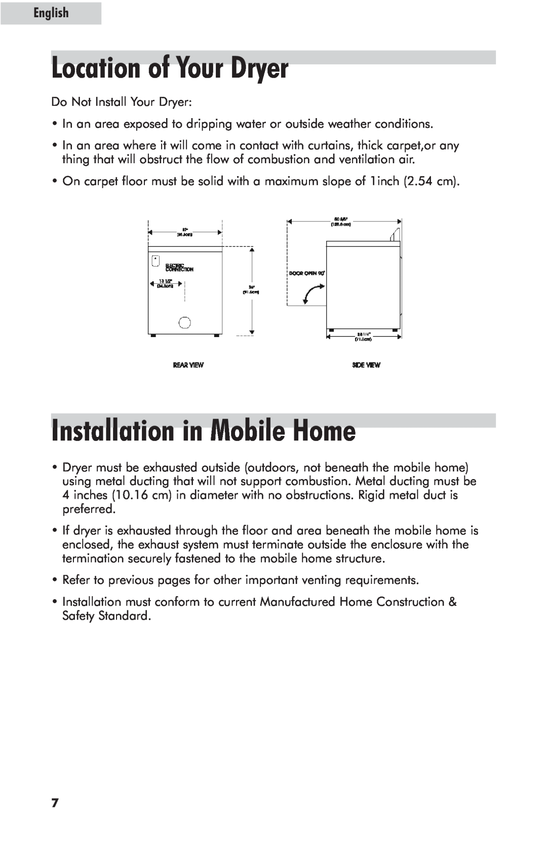 Haier HLF103Q/R, CGDE700AW, CHLF103Q user manual Location of Your Dryer, Installation in Mobile Home, English 