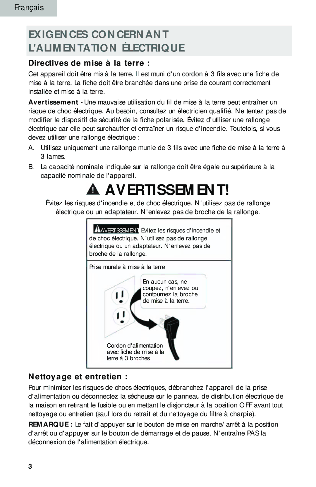 Haier HLP140E Exigences Concernant Lalimentation Électrique, Directives de mise à la terre, Nettoyage et entretien 