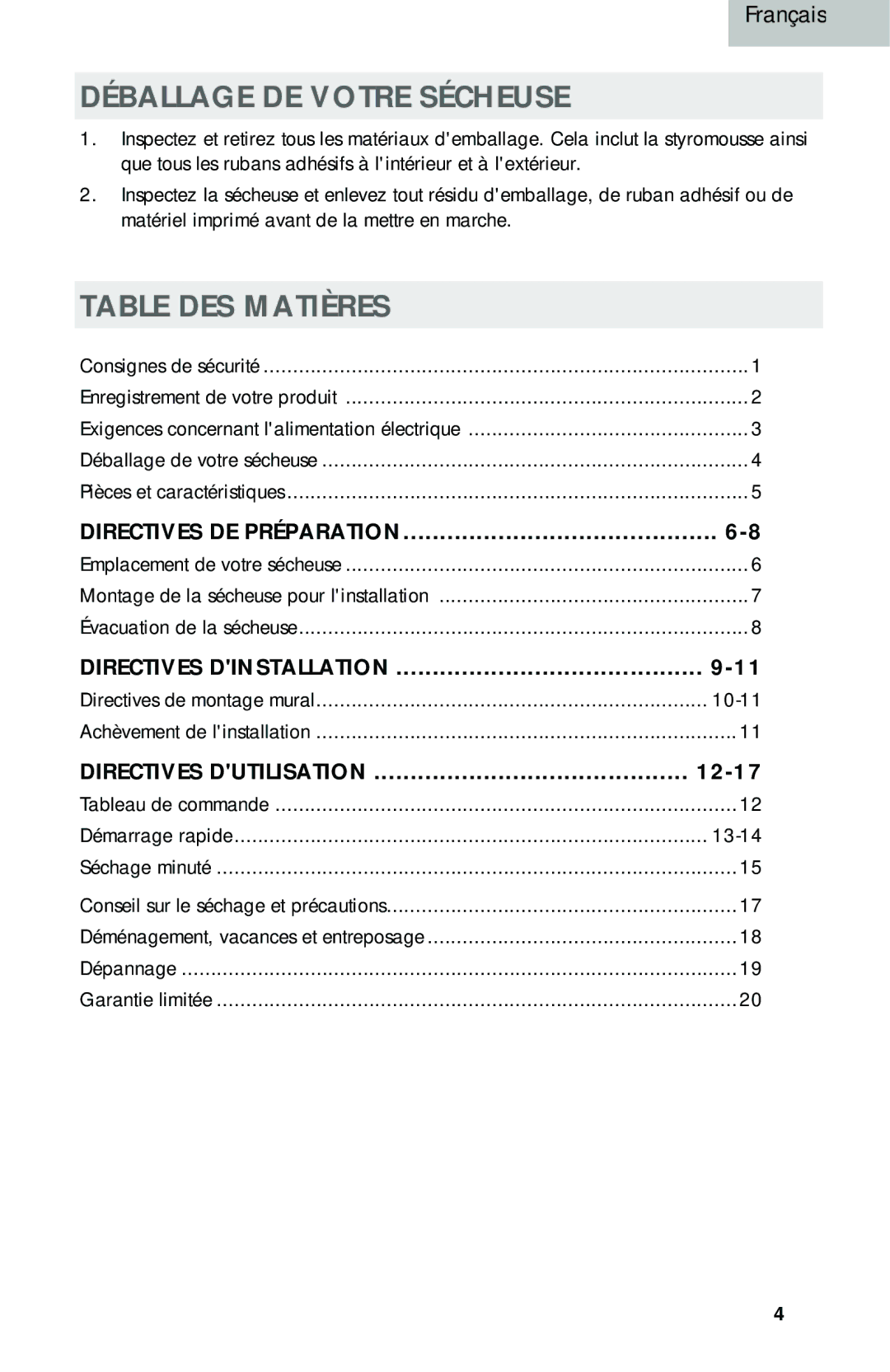 Haier HLP141E, HLP140E user manual Déballage DE Votre Sécheuse, Table DES Matières 