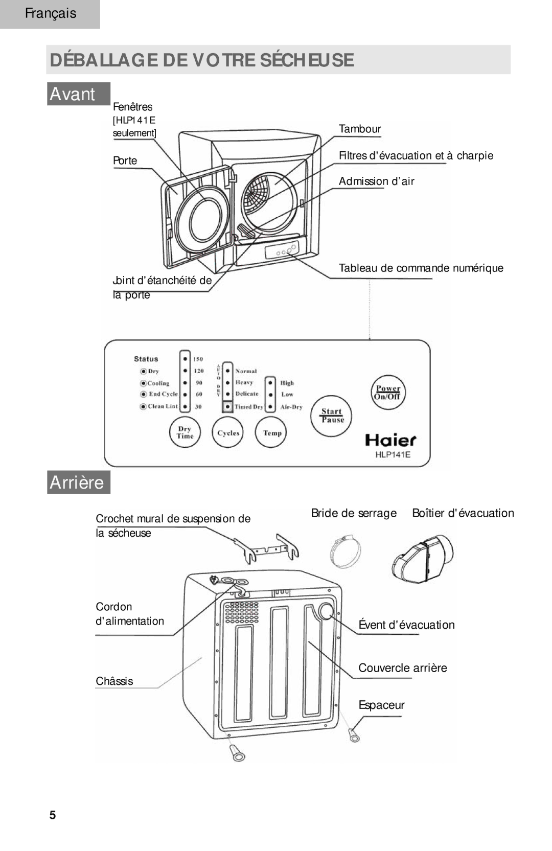 Haier HLP140E, HLP141E user manual Avant 