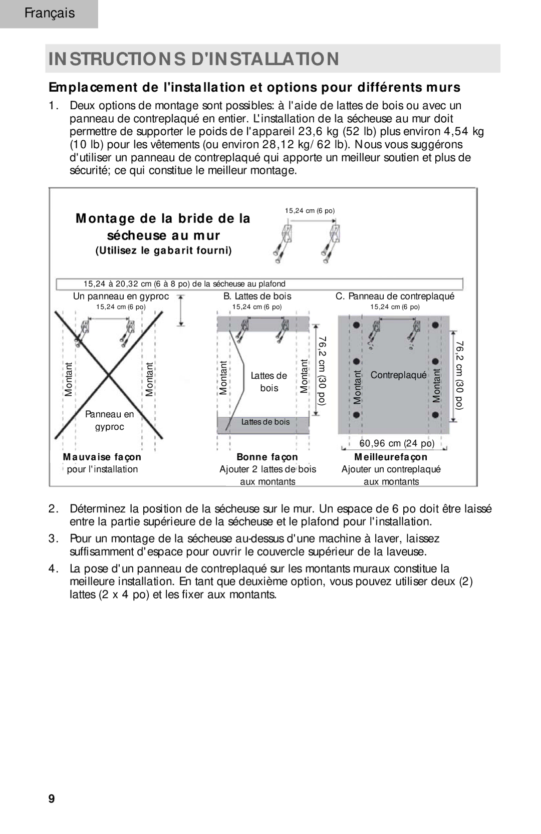 Haier HLP140E, HLP141E Instructions Dinstallation, Montage de la bride de la Sécheuse au mur, Utilisez le gabarit fourni 