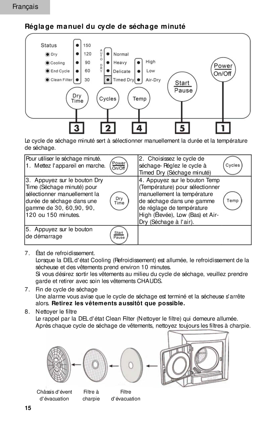 Haier HLP140E, HLP141E user manual Réglage manuel du cycle de séchage minuté 