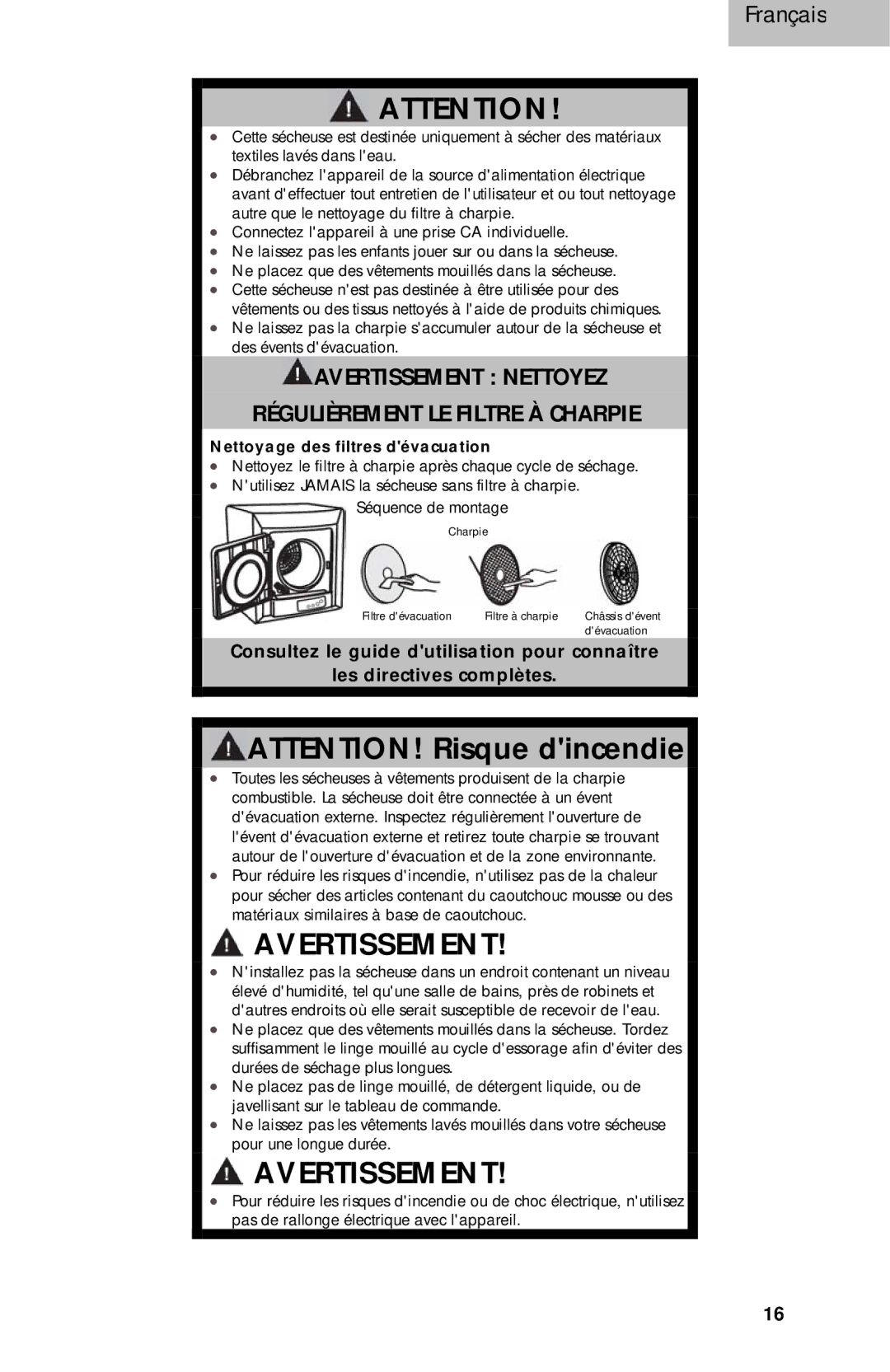 Haier HLP141E, HLP140E user manual Avertissement Nettoyez Régulièrement LE Filtre À Charpie 