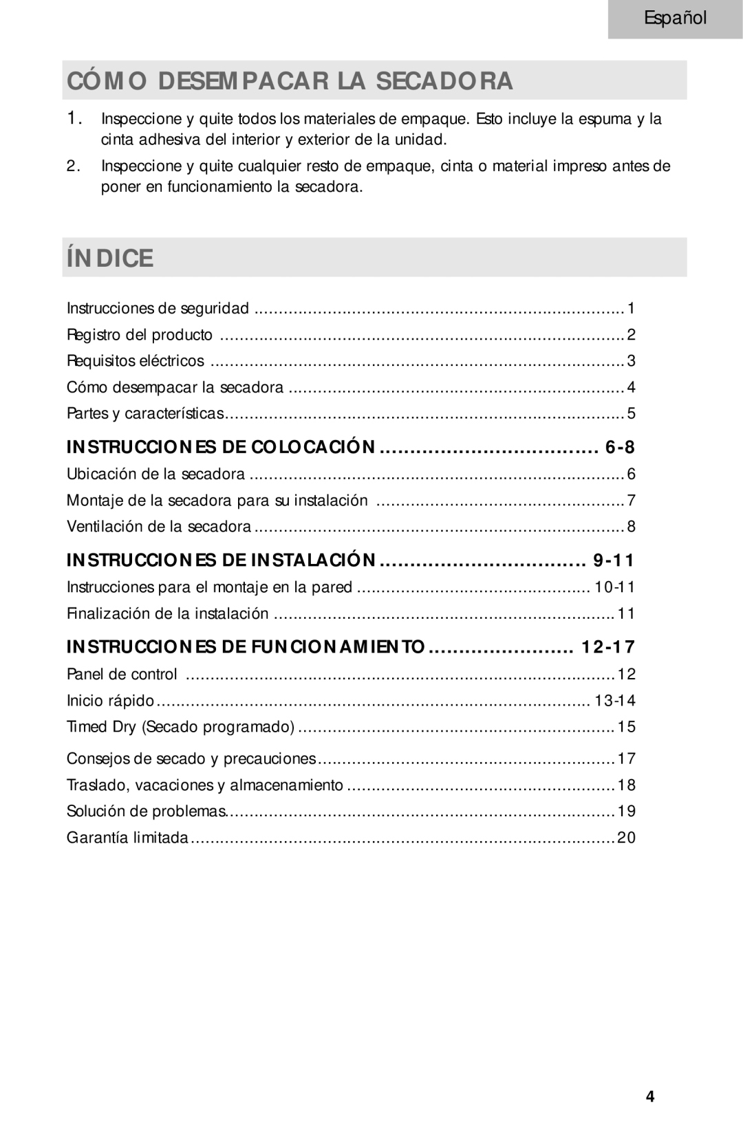 Haier HLP141E, HLP140E user manual Cómo Desempacar LA Secadora, Índice 