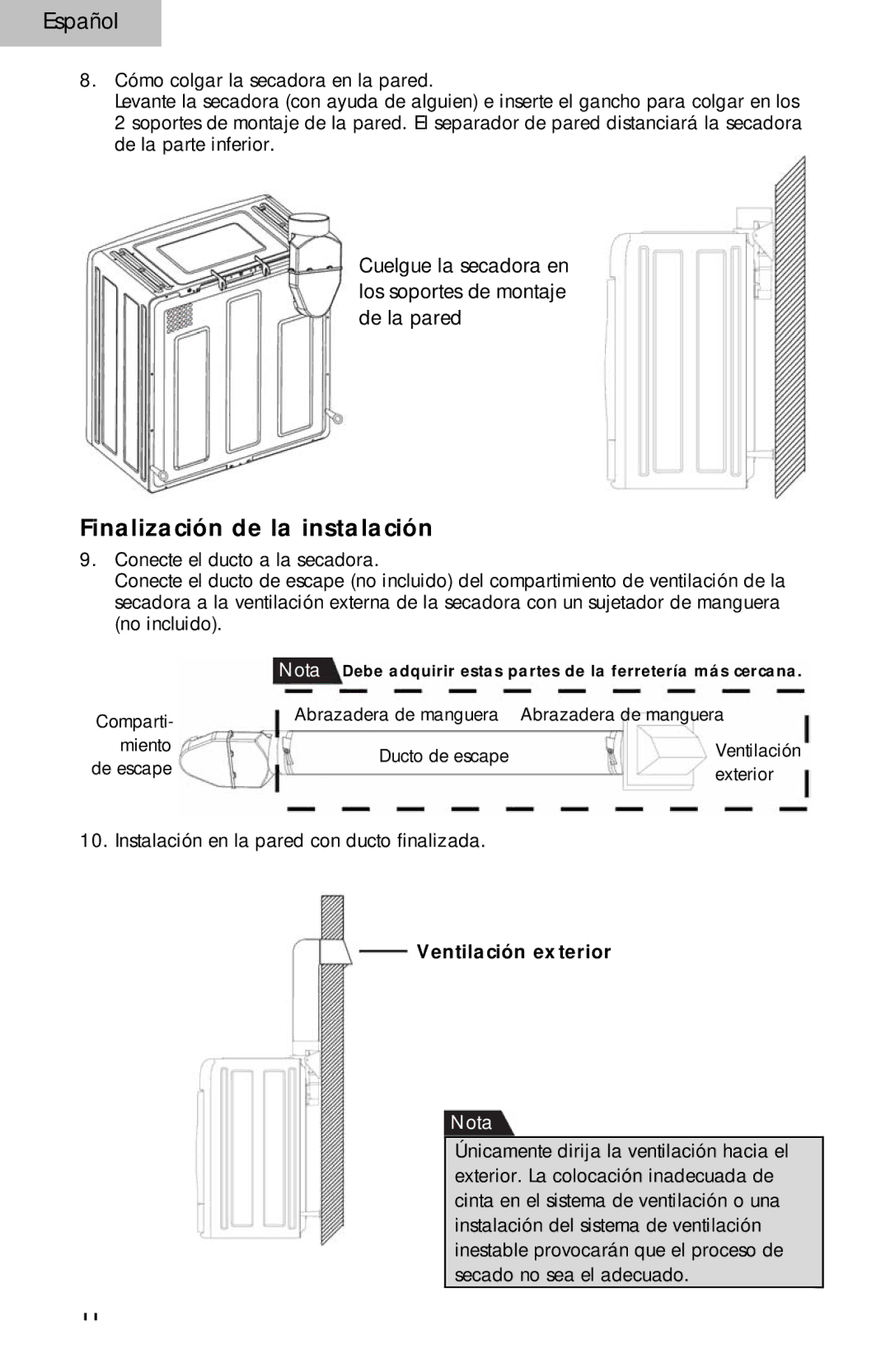 Haier HLP140E, HLP141E user manual Finalización de la instalación, Ventilación exterior 