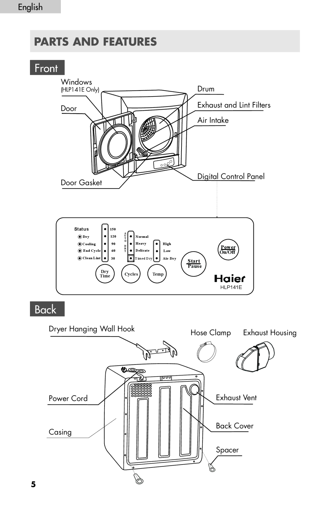 Haier HLP140E, HLP141E user manual Parts and Features 