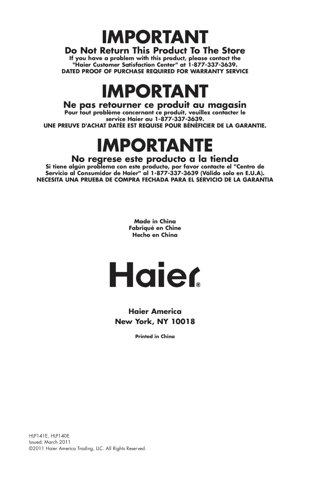 Haier HLP140E, HLP141E user manual Importante 