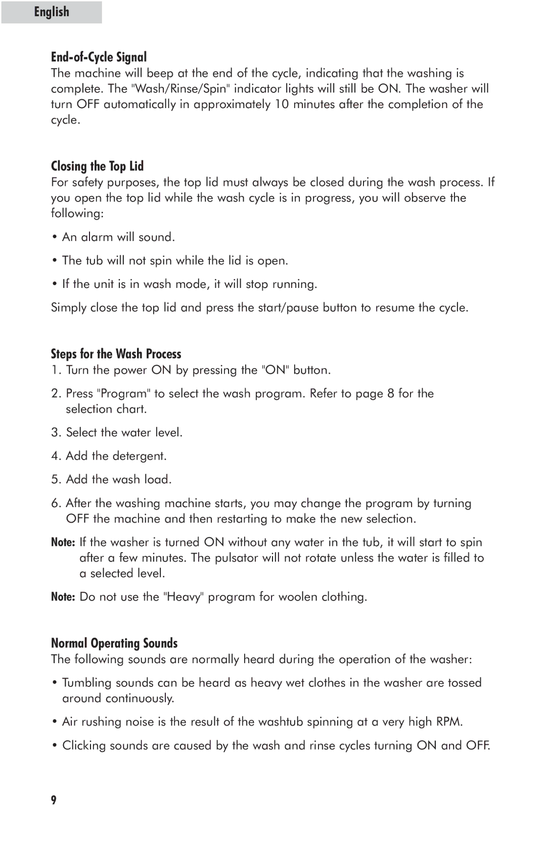 Haier HLP23E English End-of-Cycle Signal, Closing the Top Lid, Steps for the Wash Process, Normal Operating Sounds 