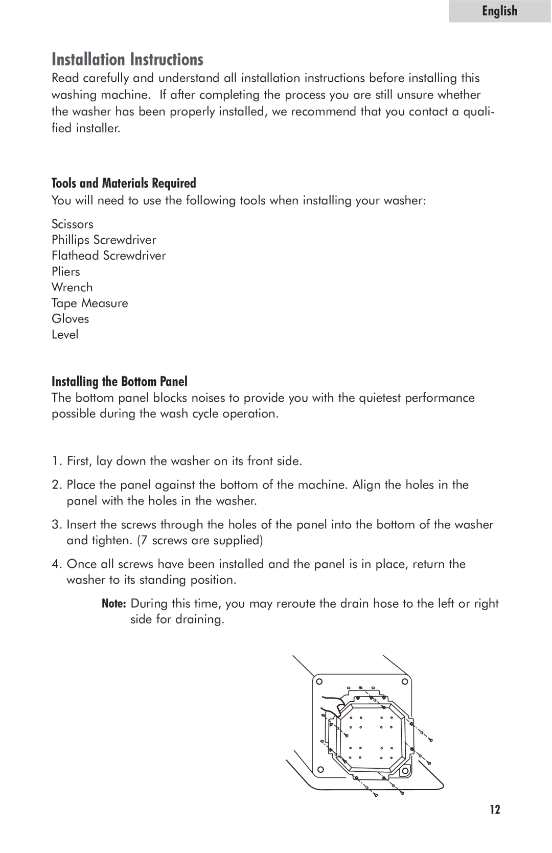 Haier HLP23E user manual Installation Instructions, Tools and Materials Required, Installing the Bottom Panel 