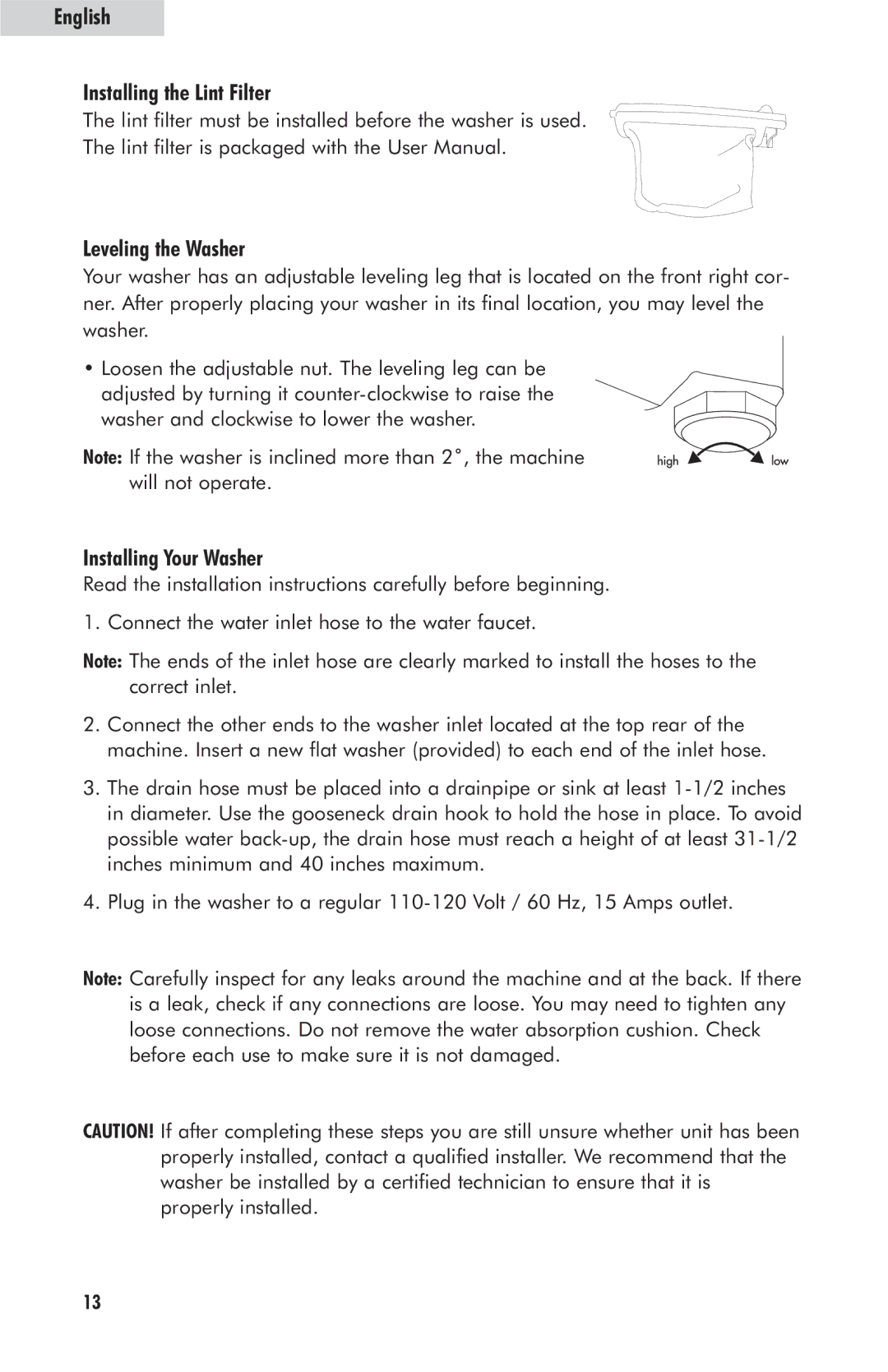 Haier HLP23E user manual English Installing the Lint Filter, Leveling the Washer, Installing Your Washer 