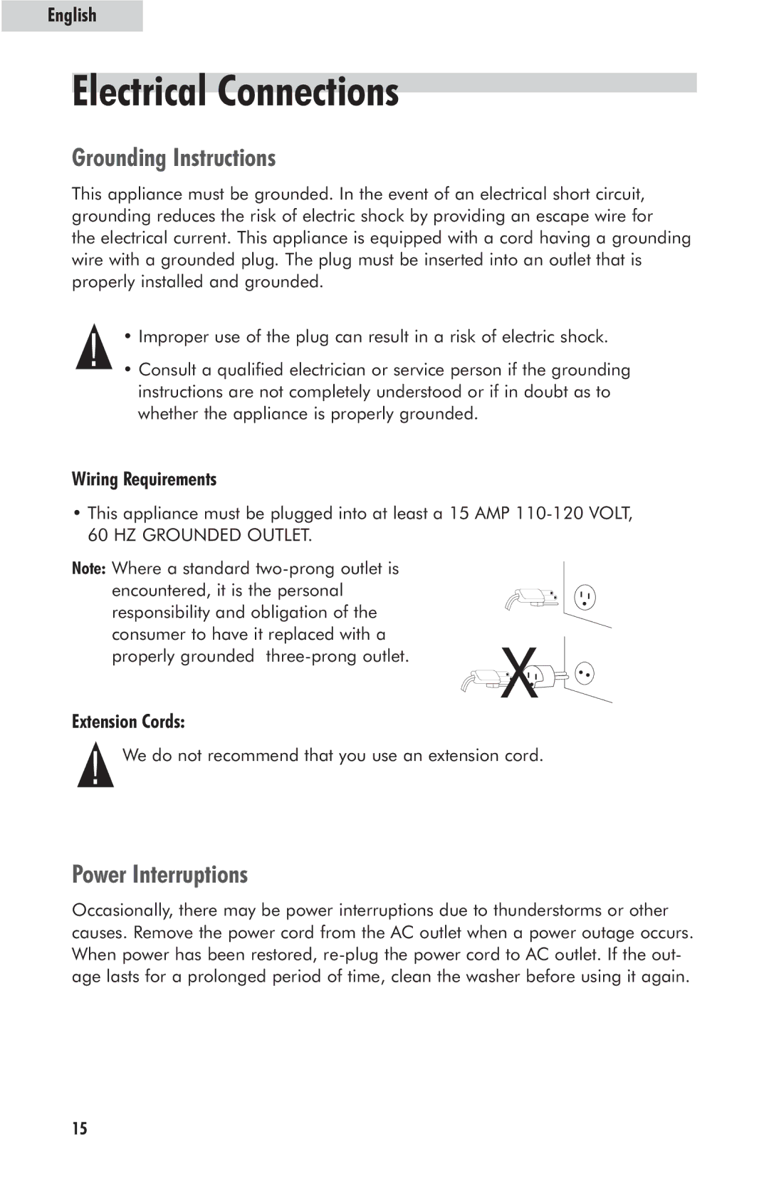 Haier HLP23E Electrical Connections, Grounding Instructions, Power Interruptions, Wiring Requirements, Extension Cords 