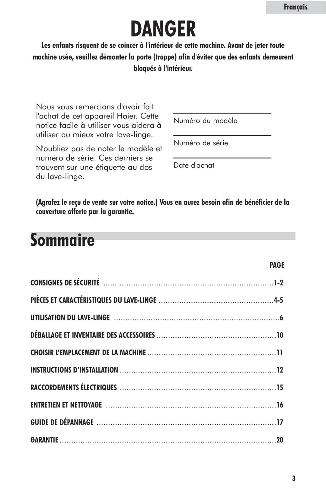 Haier HLP23E user manual Sommaire, Bloqués à lintérieur 