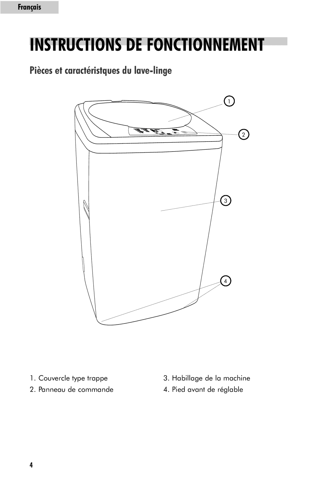 Haier HLP23E user manual Instructions DE Fonctionnement, Pièces et caractéristques du lave-linge 