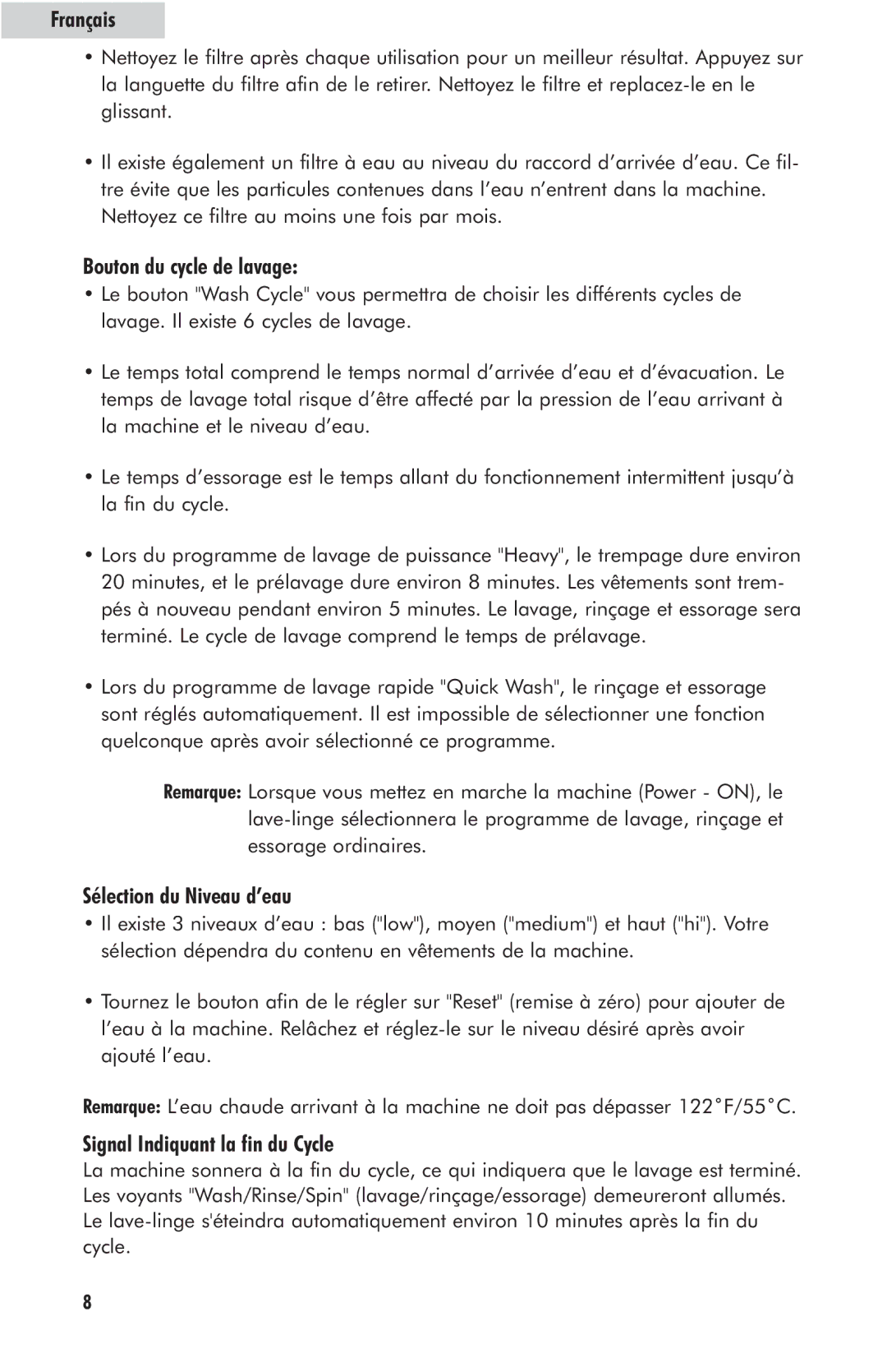 Haier HLP23E user manual Bouton du cycle de lavage, Sélection du Niveau d’eau, Signal Indiquant la fin du Cycle 