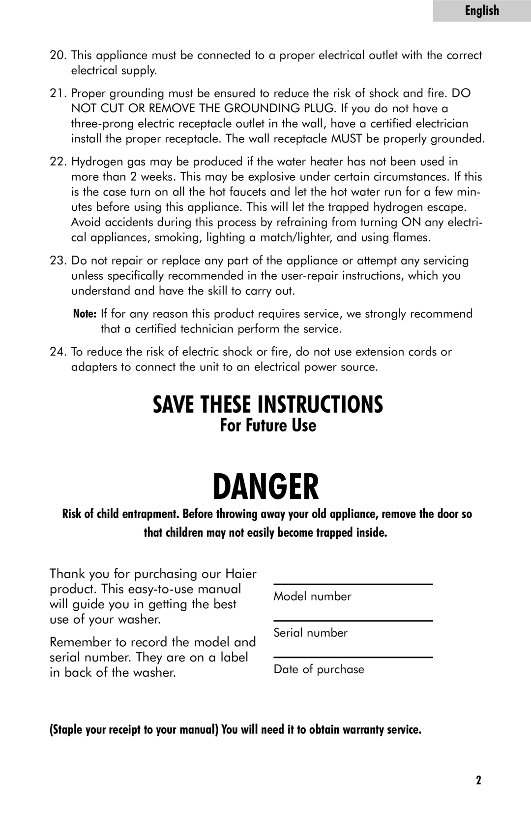 Haier HLP23E user manual For Future Use, That children may not easily become trapped inside 