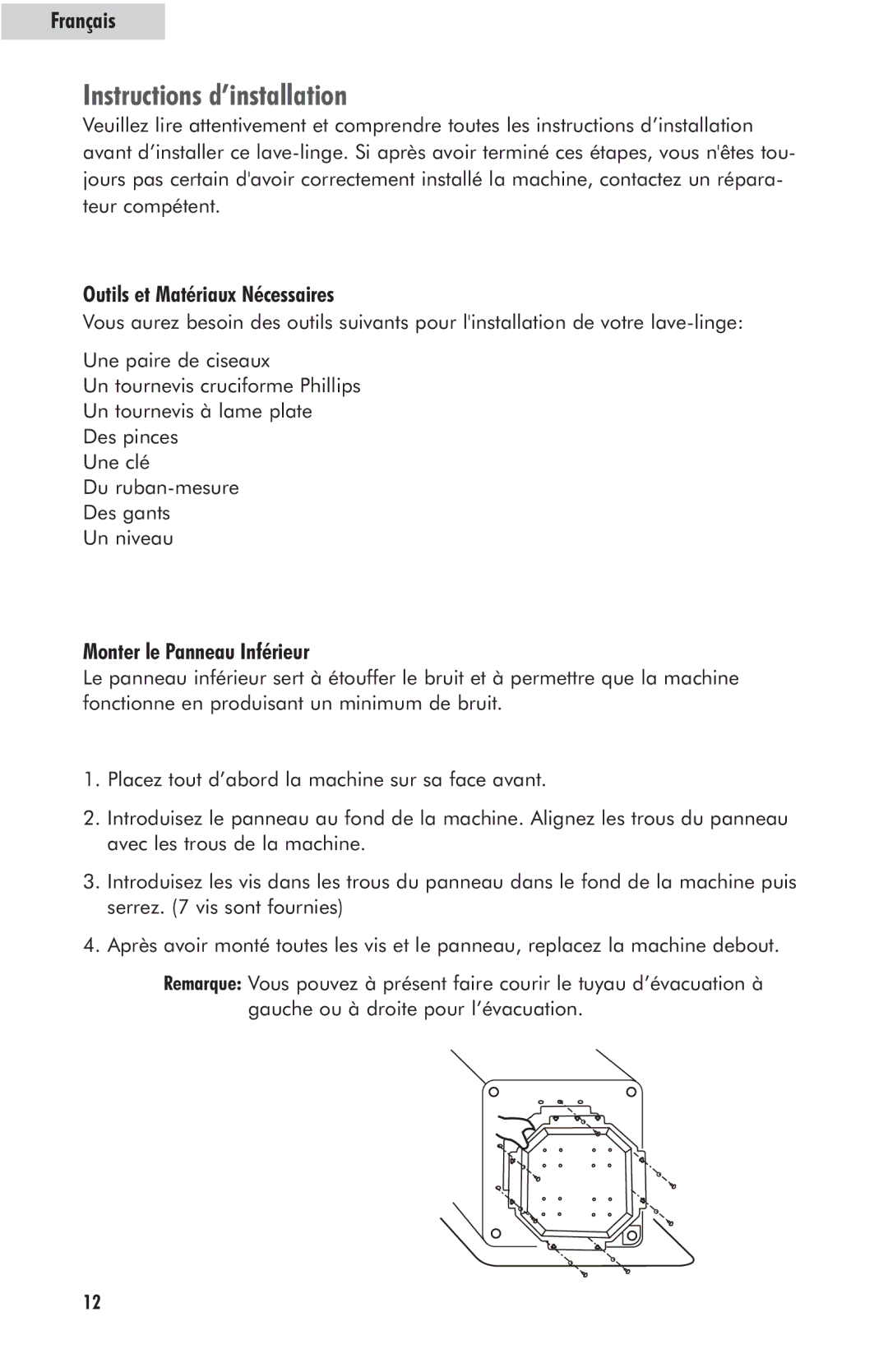 Haier HLP23E user manual Instructions d’installation, Outils et Matériaux Nécessaires, Monter le Panneau Inférieur 