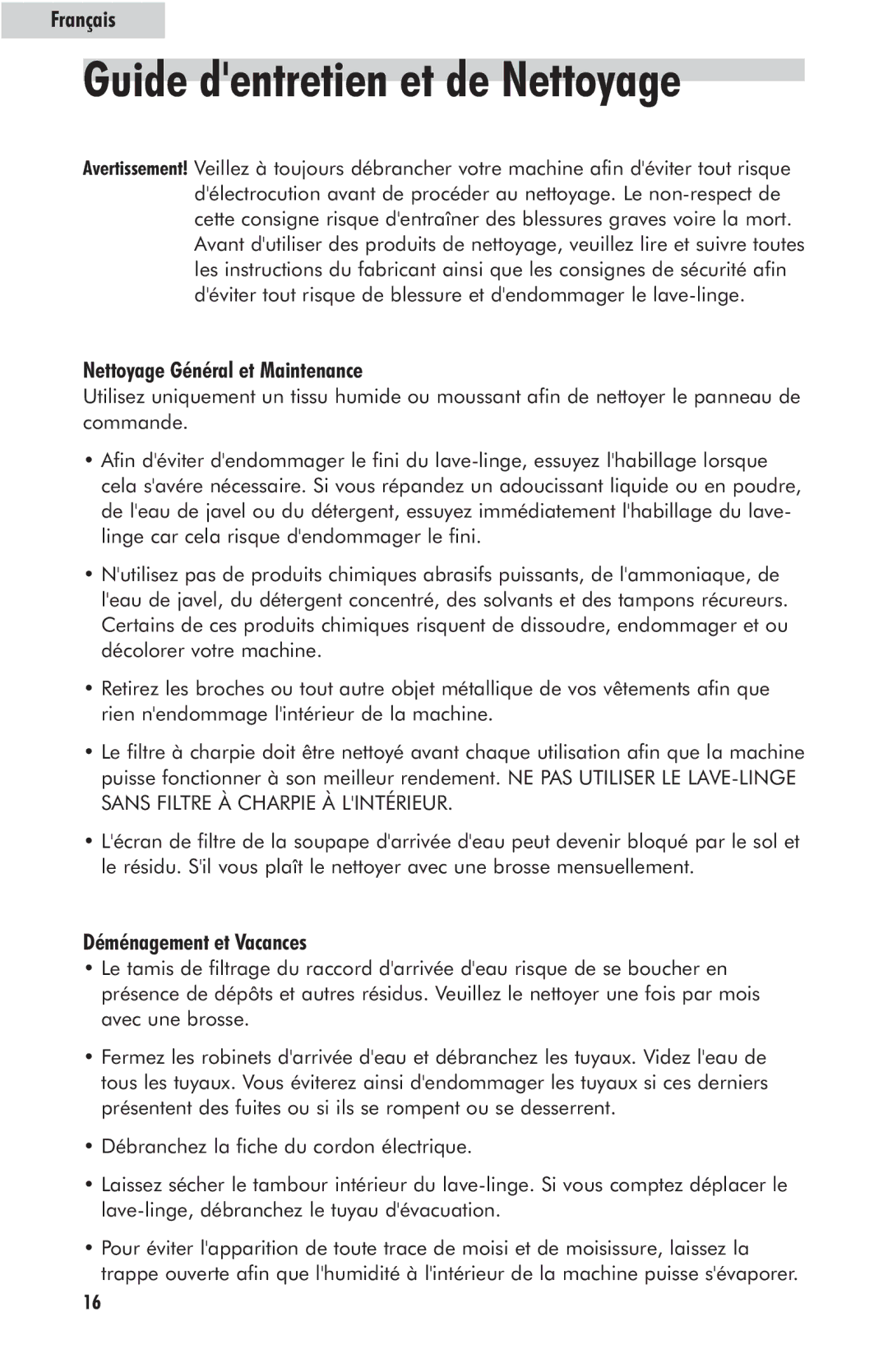 Haier HLP23E user manual Guide dentretien et de Nettoyage, Nettoyage Général et Maintenance, Déménagement et Vacances 