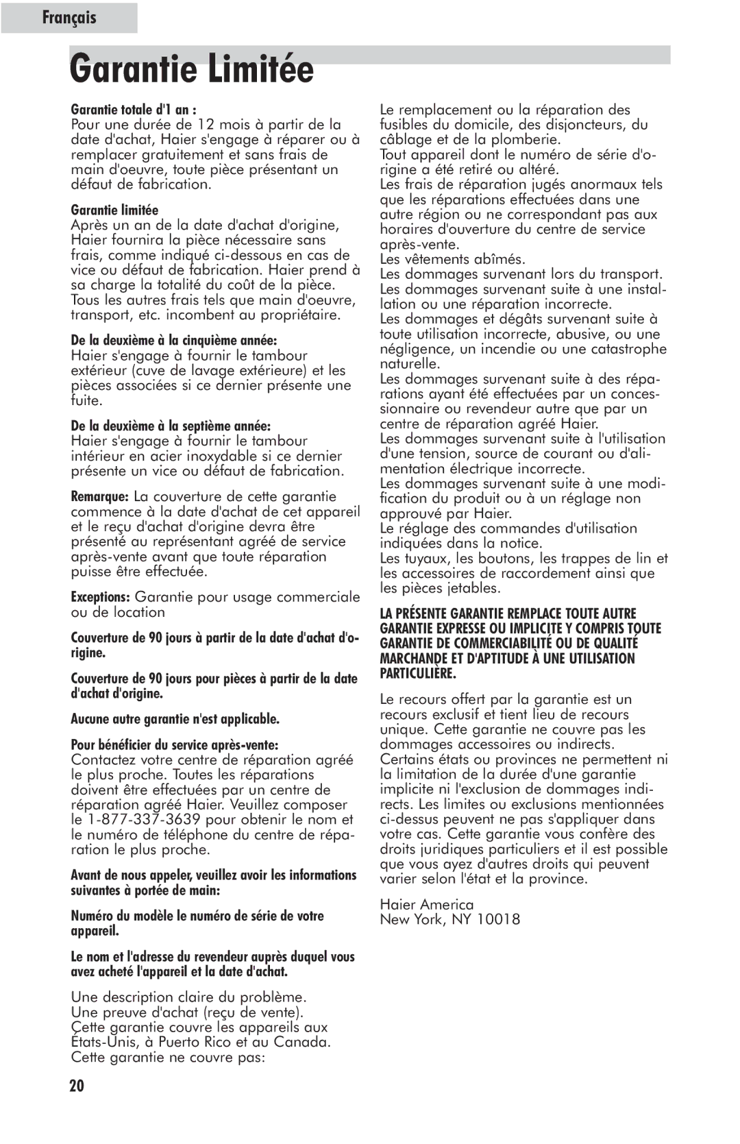 Haier HLP23E user manual Garantie Limitée 