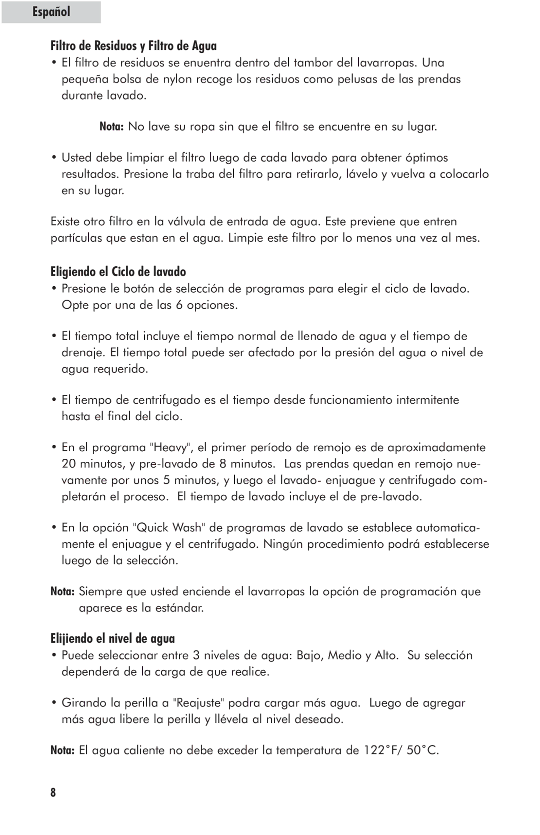 Haier HLP23E Español Filtro de Residuos y Filtro de Agua, Eligiendo el Ciclo de lavado, Elijiendo el nivel de agua 