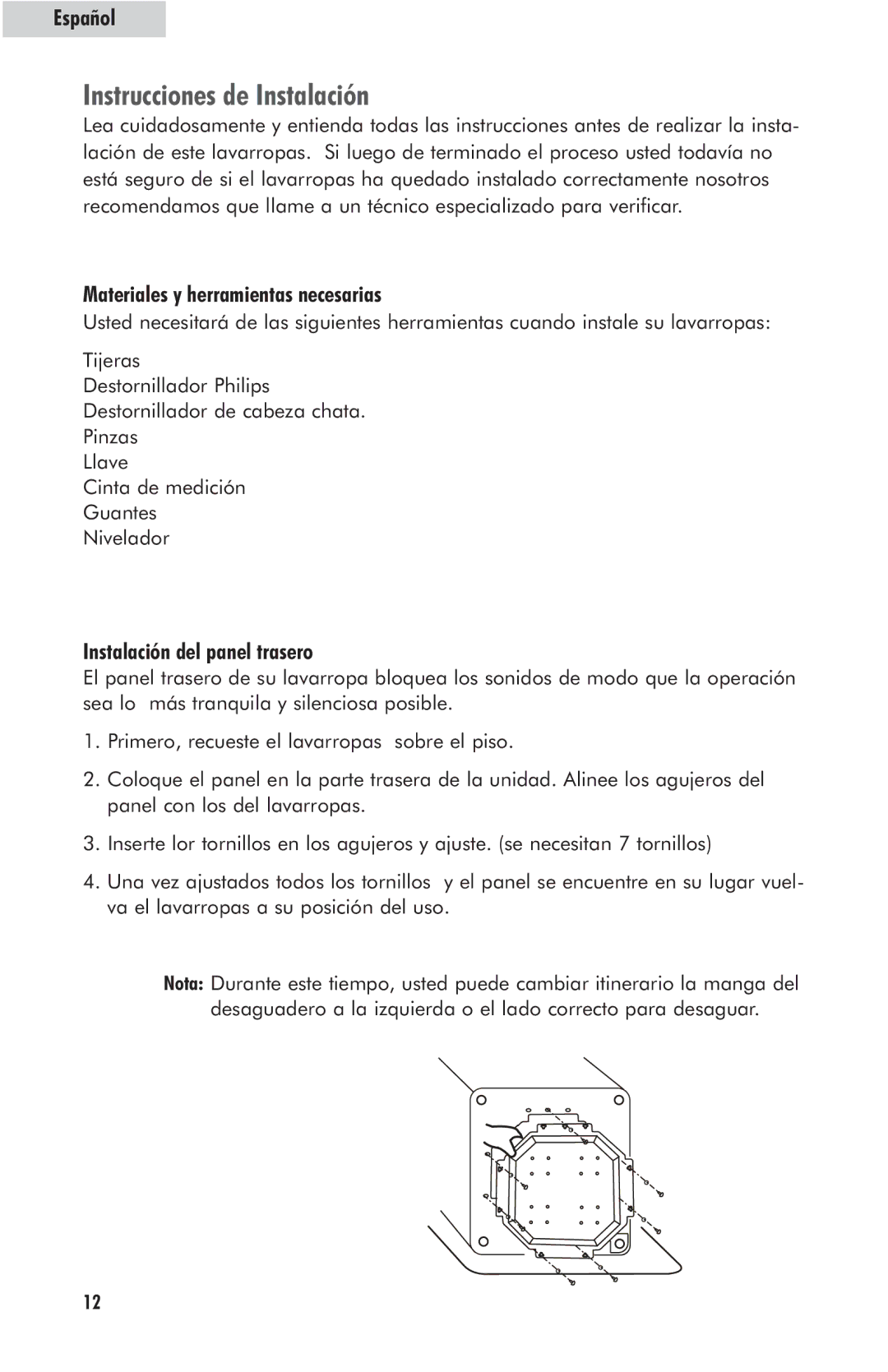 Haier HLP23E user manual Instrucciones de Instalación, Materiales y herramientas necesarias, Instalación del panel trasero 