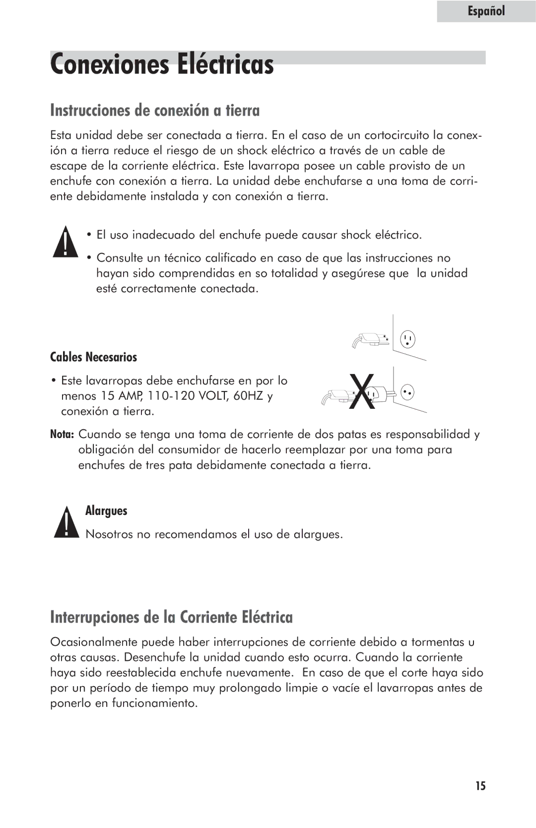 Haier HLP23E Conexiones Eléctricas, Instrucciones de conexión a tierra, Interrupciones de la Corriente Eléctrica, Alargues 