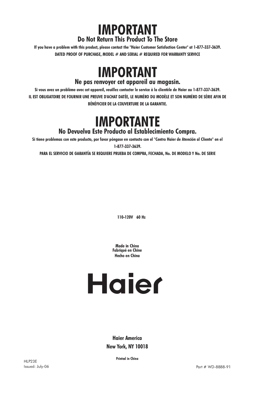 Haier HLP23E user manual Importante 